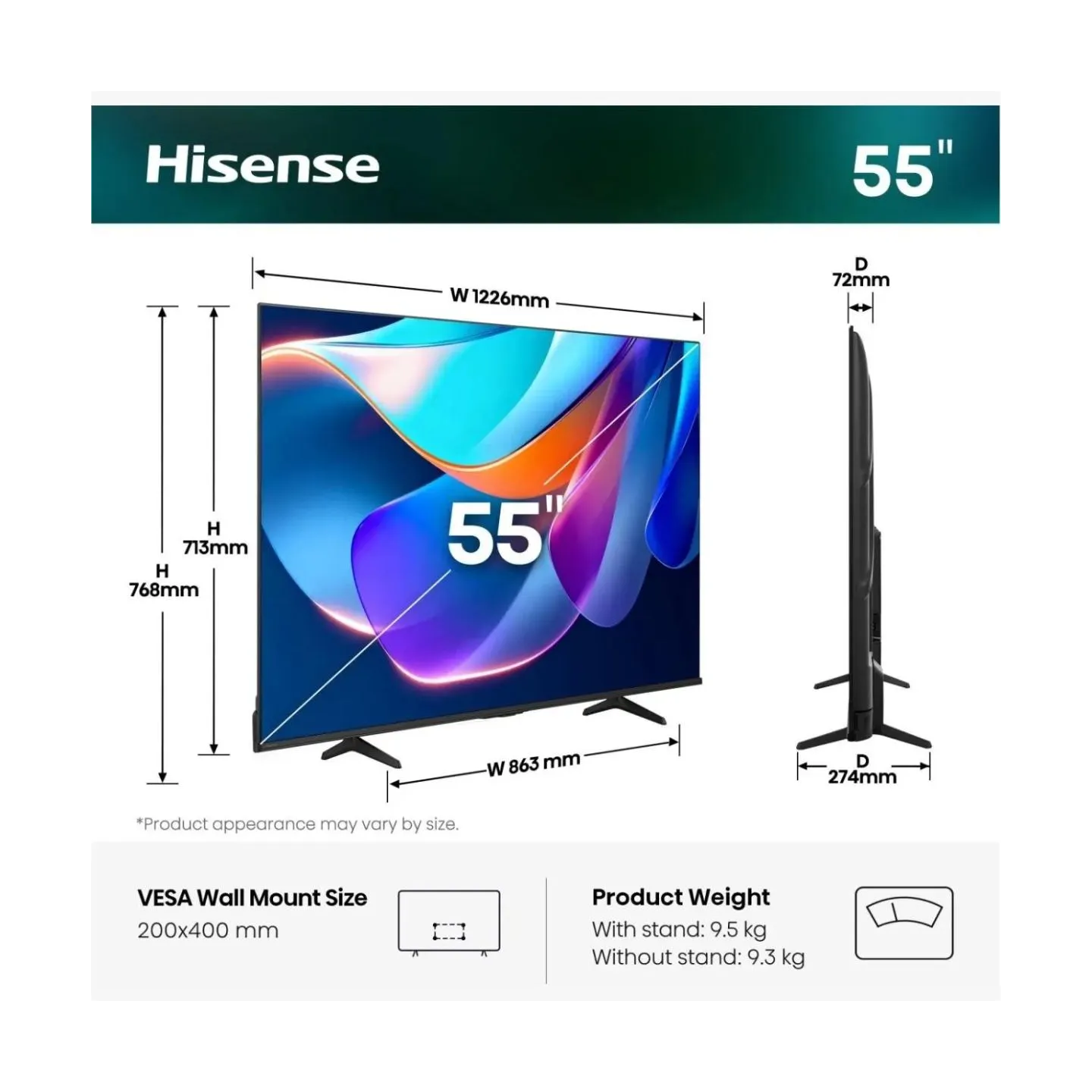 Hisense TV | 55A6S | 55 | Smart TV | VIDAA Smart OS | UHD | Black