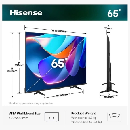Hisense TV | 65A6S | 65 | Smart TV | VIDAA Smart OS | UHD | Black