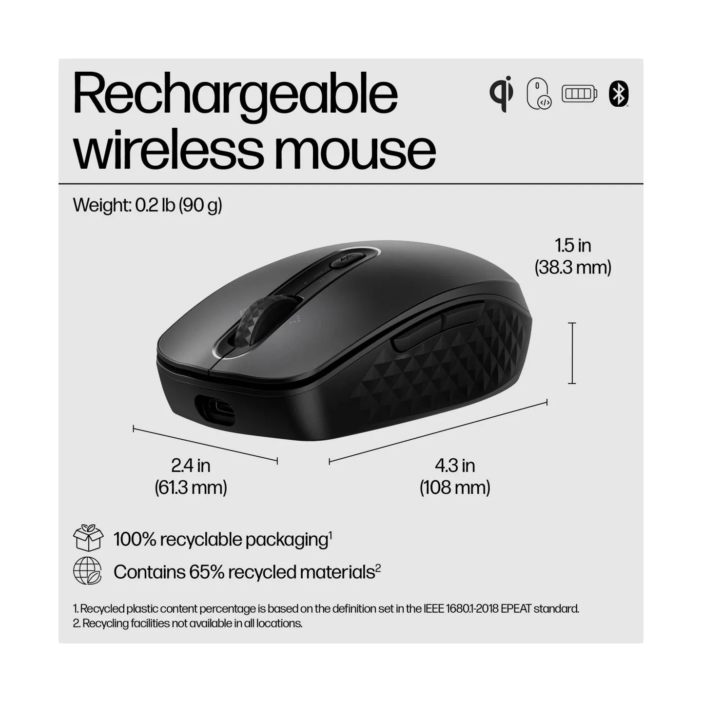 HP 695 Wireless Bluetooth Mouse - Wireless Qi-Charging, Programmable, 4-way Scrolling - Black / 8F1Y4AA#ABB