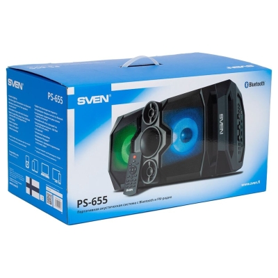 Sven PS-655 2x25W; LED display; TWS; FM radio; AUX; USB/SD-card support;Lighting; Microphone input (karaoke); Remote Control; Bu