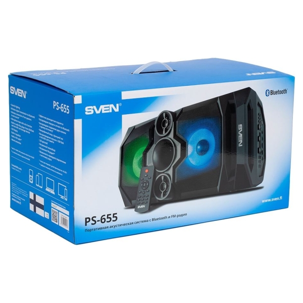 Sven PS-655 2x25W; LED display; TWS; FM radio; AUX; USB/SD-card support;Lighting; Microphone input (karaoke); Remote Control; Bu