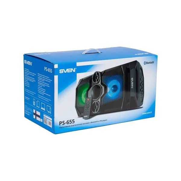 Sven PS-655 2x25W; LED display; TWS; FM radio; AUX; USB/SD-card support;Lighting; Microphone input (karaoke); Remote Control; Bu