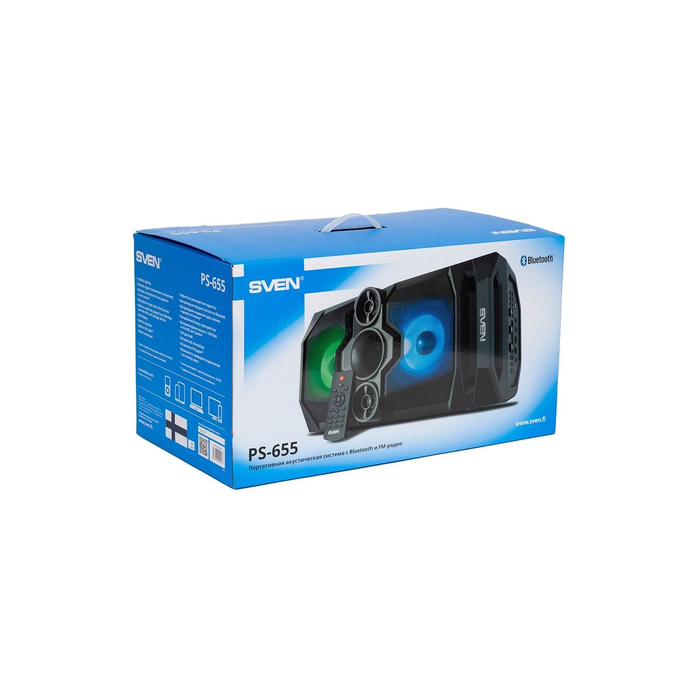 Sven PS-655 2x25W; LED display; TWS; FM radio; AUX; USB/SD-card support;Lighting; Microphone input (karaoke); Remote Control; Bu