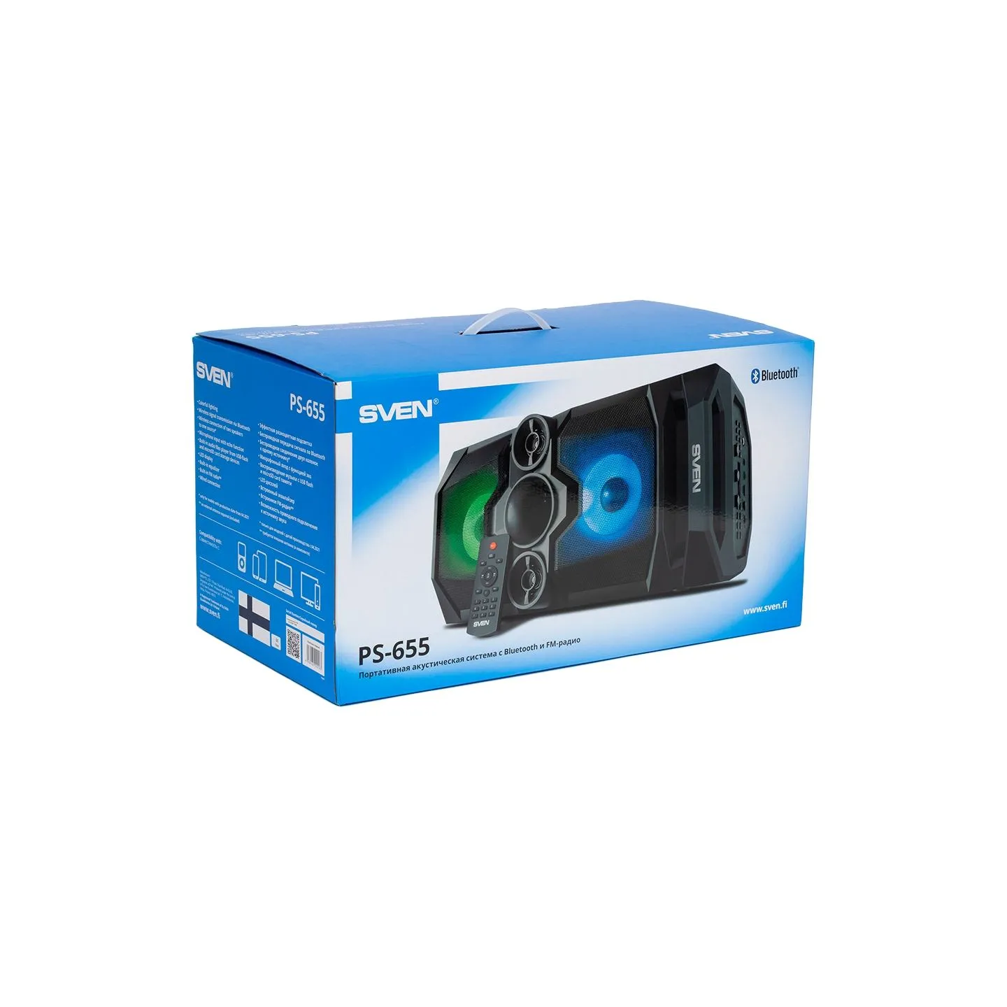 Sven PS-655 2x25W; LED display; TWS; FM radio; AUX; USB/SD-card support;Lighting; Microphone input (karaoke); Remote Control; Bu