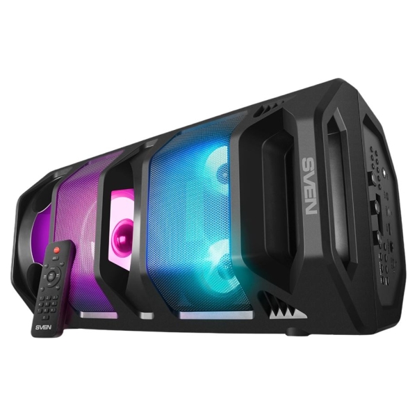 Sven 2.0 portable speaker SVEN PS-670, black, power output 2x32.5W (RMS), TWS, Bluetooth, FM, USB, microSD, LED-display, RC, lit