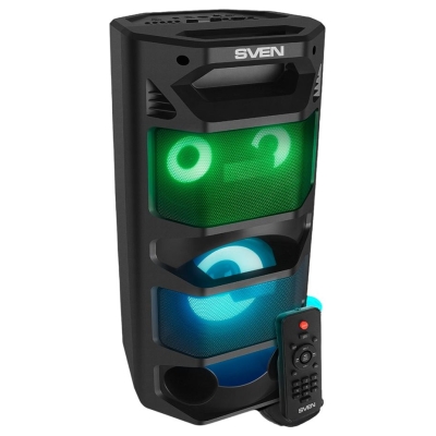 Sven 2.0 portable speaker SVEN PS-670, black, power output 2x32.5W (RMS), TWS, Bluetooth, FM, USB, microSD, LED-display, RC, lit