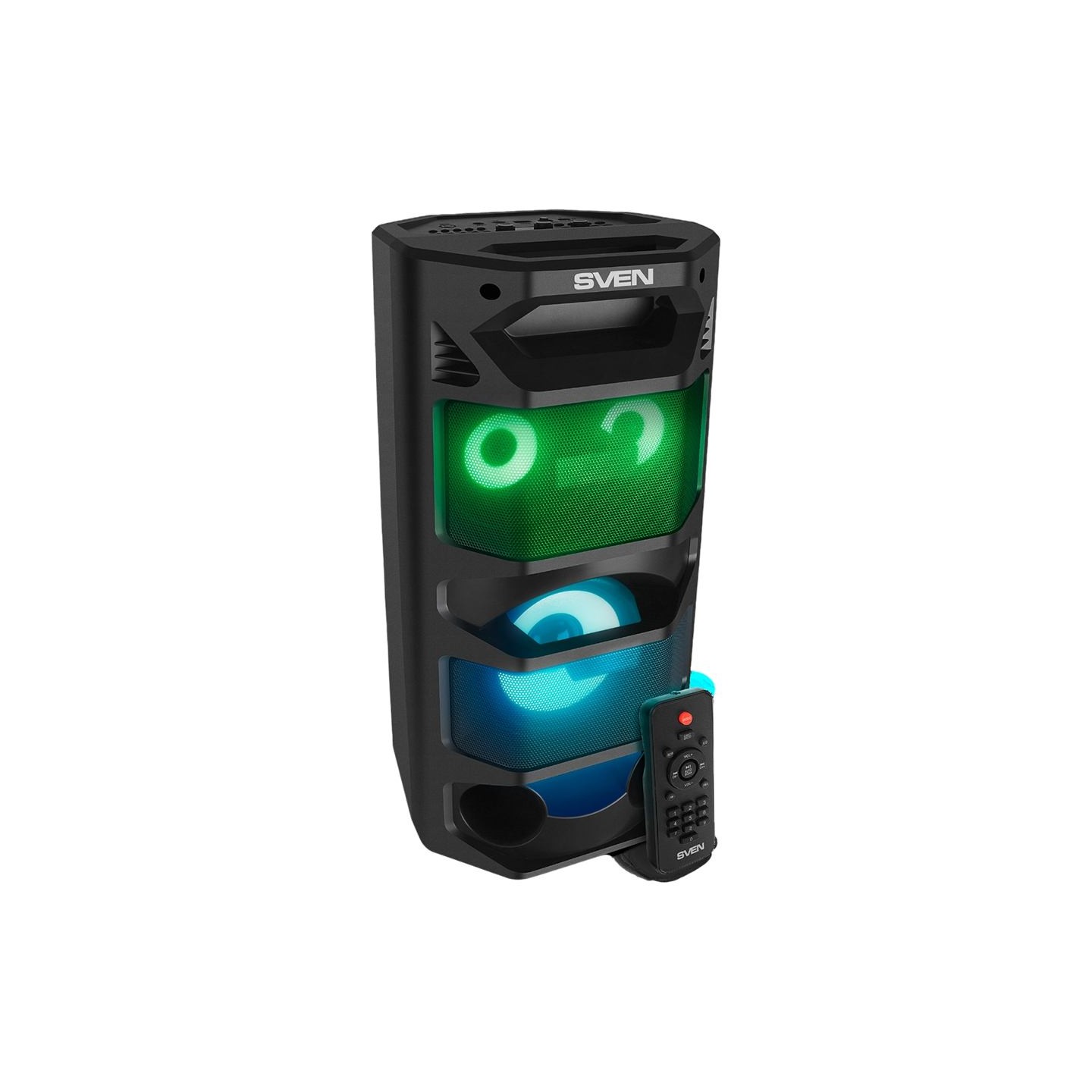 Sven 2.0 portable speaker SVEN PS-670, black, power output 2x32.5W (RMS), TWS, Bluetooth, FM, USB, microSD, LED-display, RC, lit
