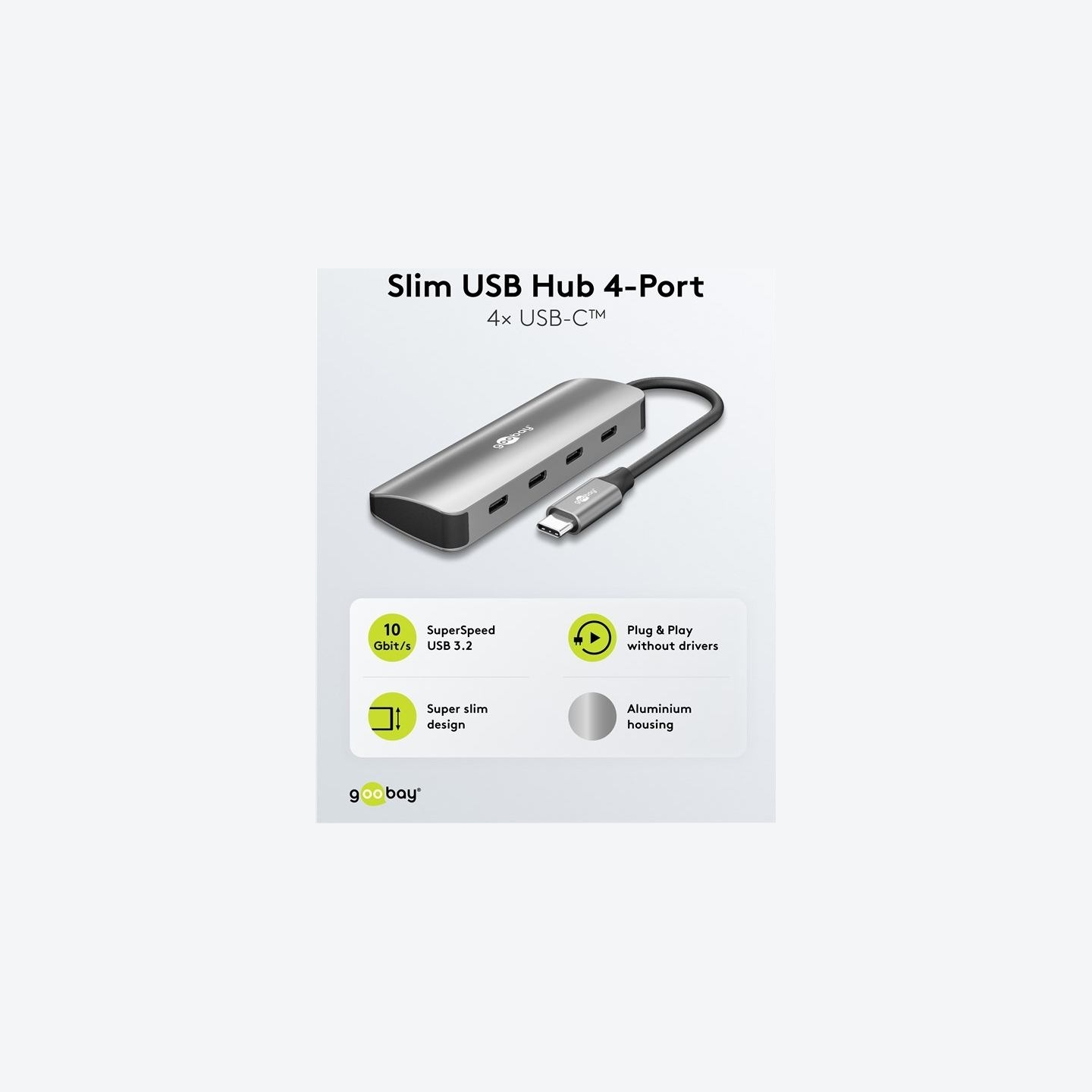 Goobay Slim 4-Port USB-Hub, USB-C auf USB-C, 10 Gbit/s, Grey | 76565