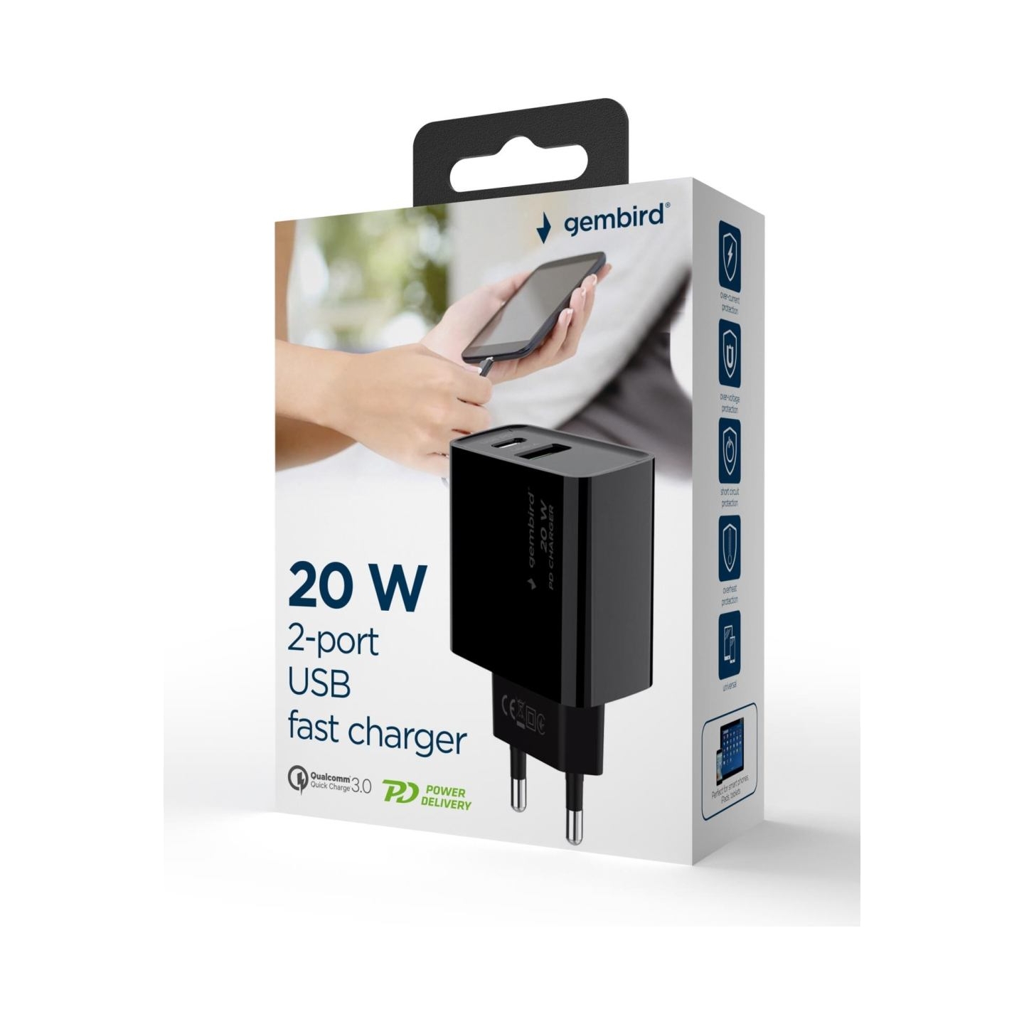 Gembird 2-port 20W USB fast charger bl