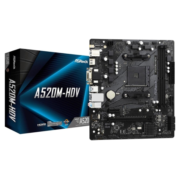 Asrock Motherboard A520M-HDV AM4 2DDR4 HDMI/DVI/VGA M.2 mATX