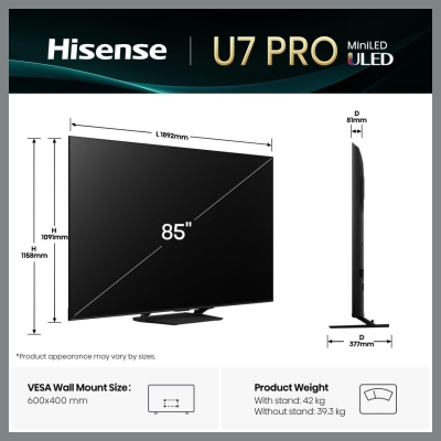Hisense TV Set|HISENSE|85 "|4K Ultra HD|3840 x 2160 pixels|Flat|16:9|ULED|85U7QPRO