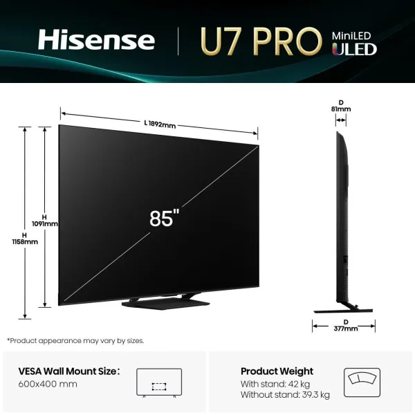 Hisense TV Set|HISENSE|85 "|4K Ultra HD|3840 x 2160 pixels|Flat|16:9|ULED|85U7QPRO
