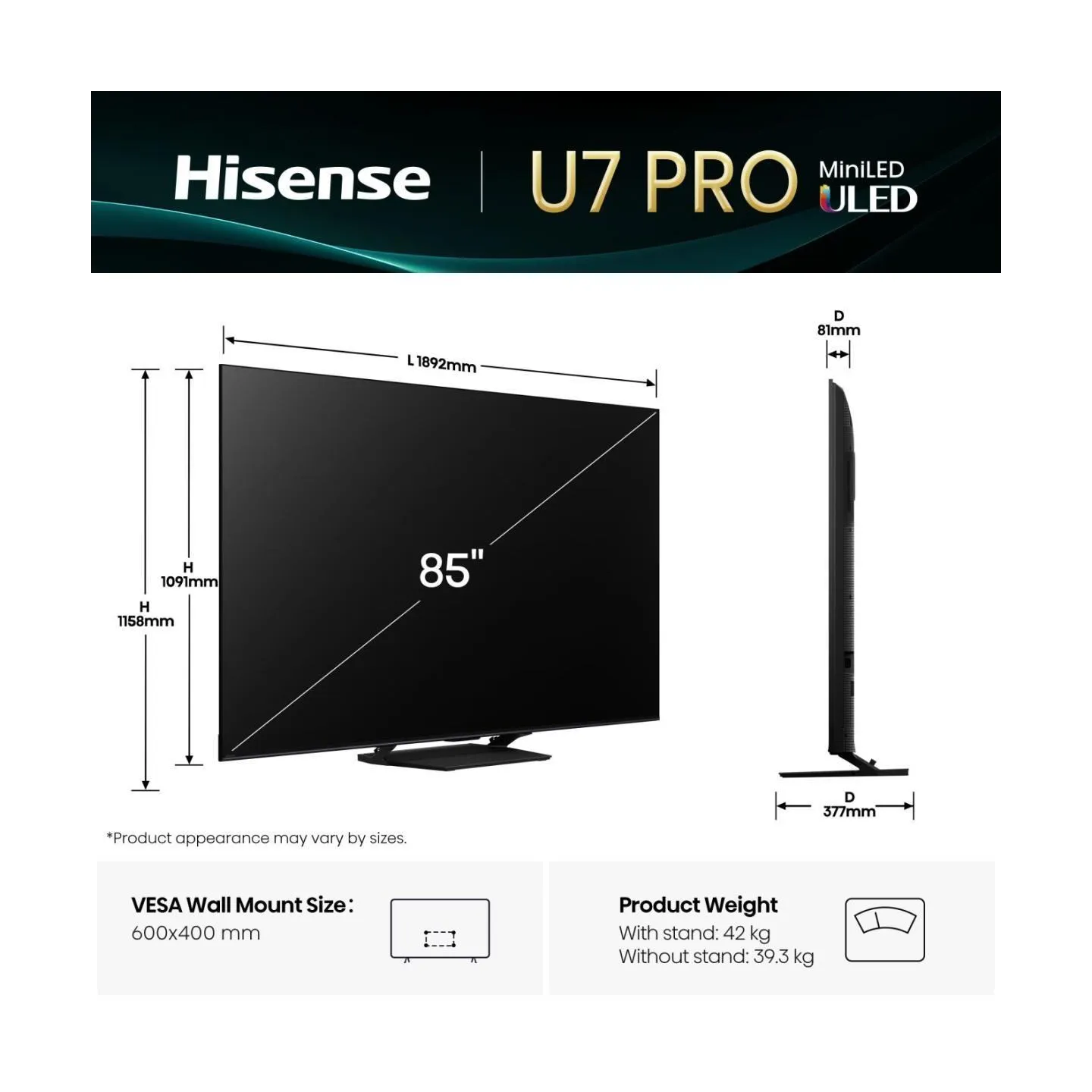 Hisense TV Set|HISENSE|85 "|4K Ultra HD|3840 x 2160 pixels|Flat|16:9|ULED|85U7QPRO