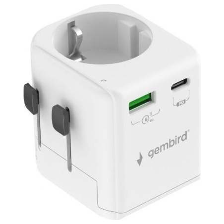 Gembird Grounded universal travel power adapter, 20 W | TPA-EU1A1C20-01-W