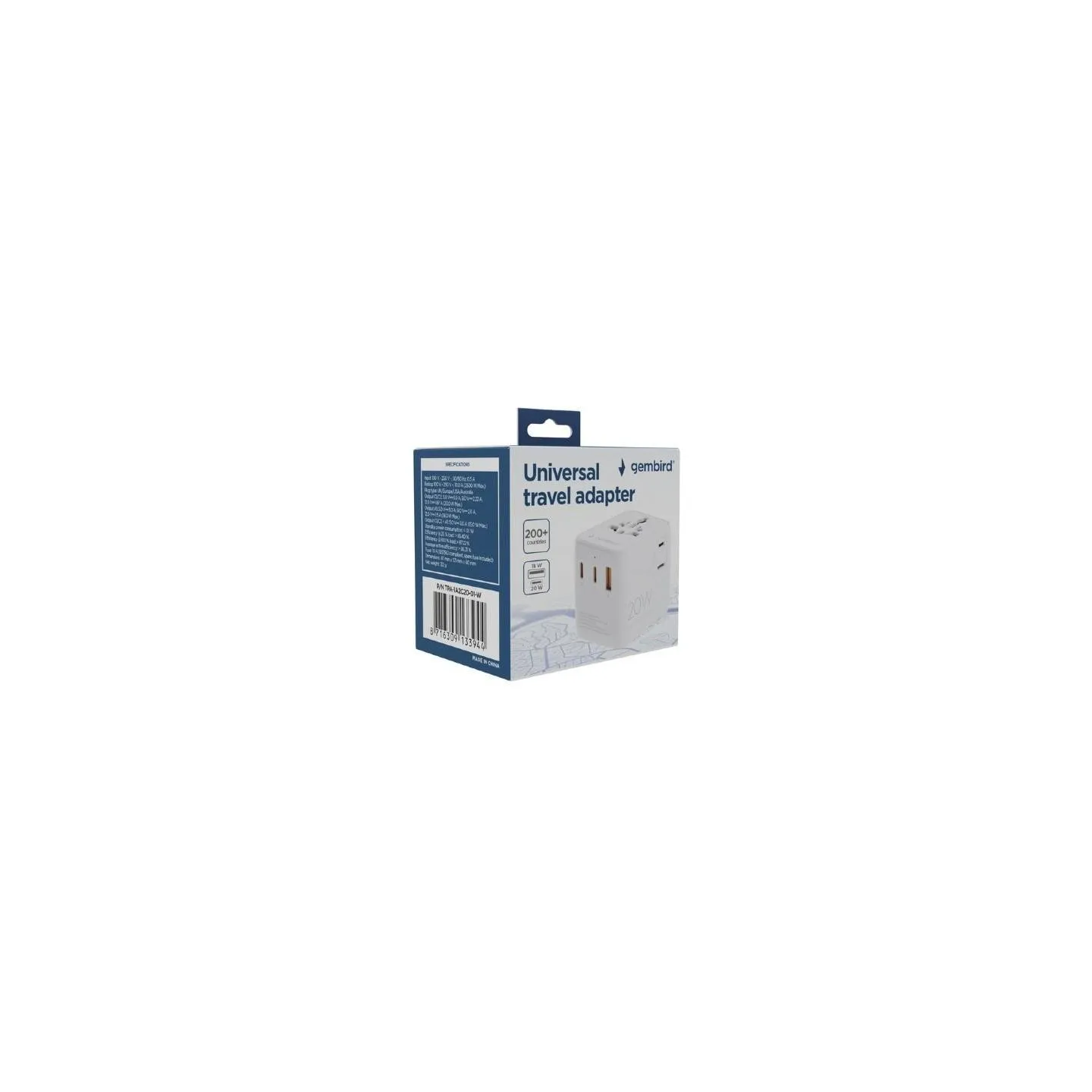 Gembird Universal travel power adapter | TPA-1A2C20-01-W | 20 W | Travel Adapter