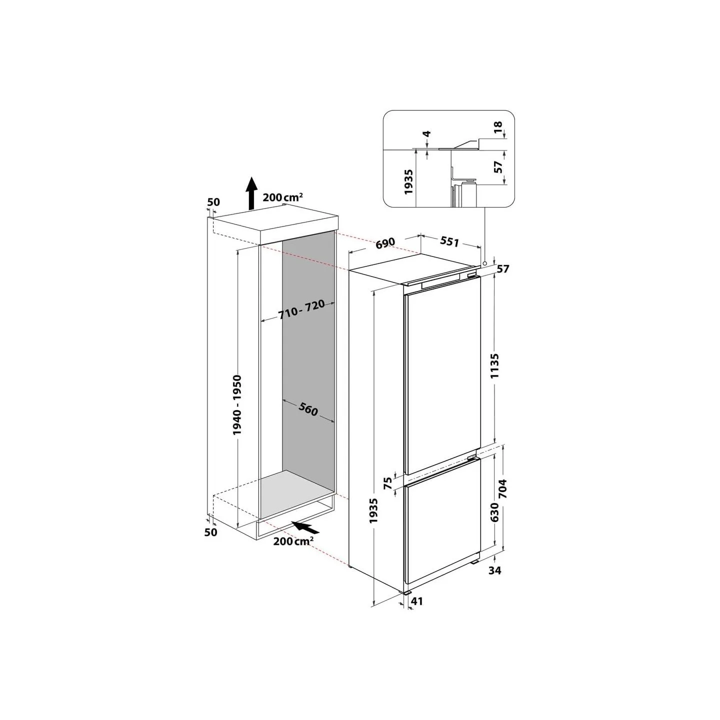 Whirlpool   Built-In Refrigerator WH SP70 T121, Width 69 cm, Height 193,5 cm, Energy class E, No frost / WHSP70T121