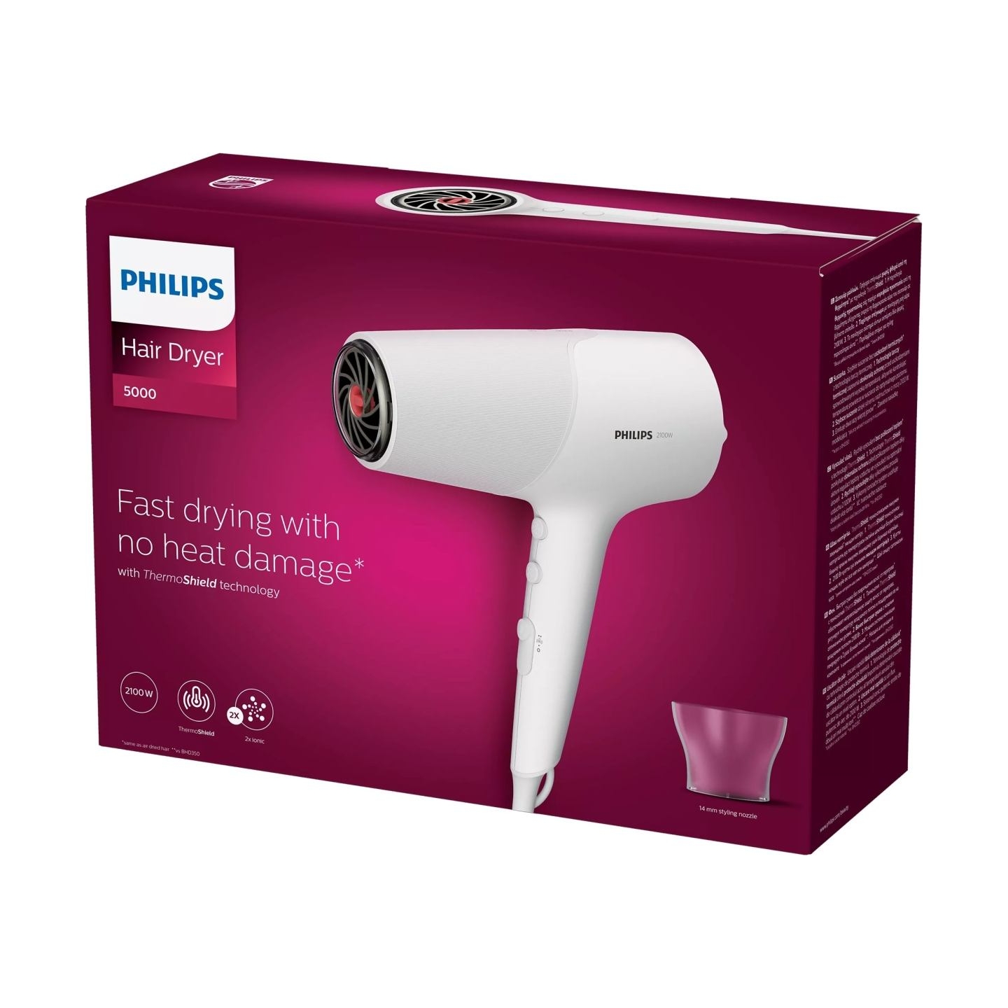 Philips 5000 Series hair dryer BHD500/00, 2100 W, ThermoShield technology, 2x ionic care,  3 heat & 2 speed settings / BHD500/00