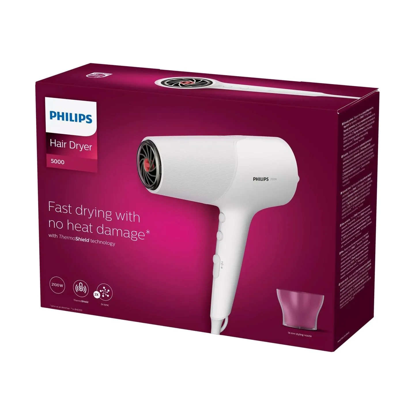 Philips 5000 Series hair dryer BHD500/00, 2100 W, ThermoShield technology, 2x ionic care,  3 heat & 2 speed settings / BHD500/00