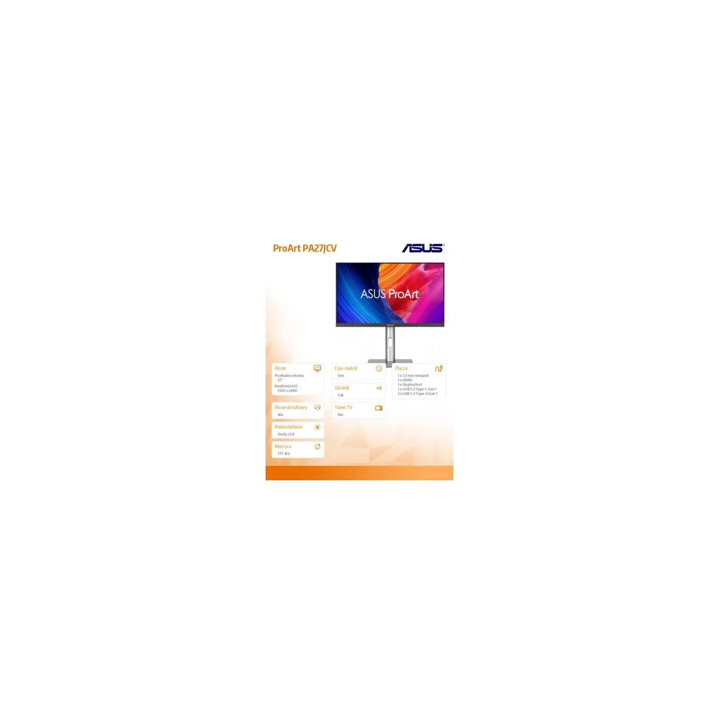 Asus Monitor 27 inch PA27JCV 5K IPS USB-C DP HDMI KVM 100%sRGB HDR500 PIVOT 0-130MM