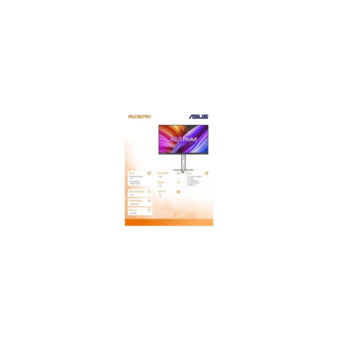 Asus Monitor 27 cali PA278CFRV IPS QHD 100Hz HDMI DP