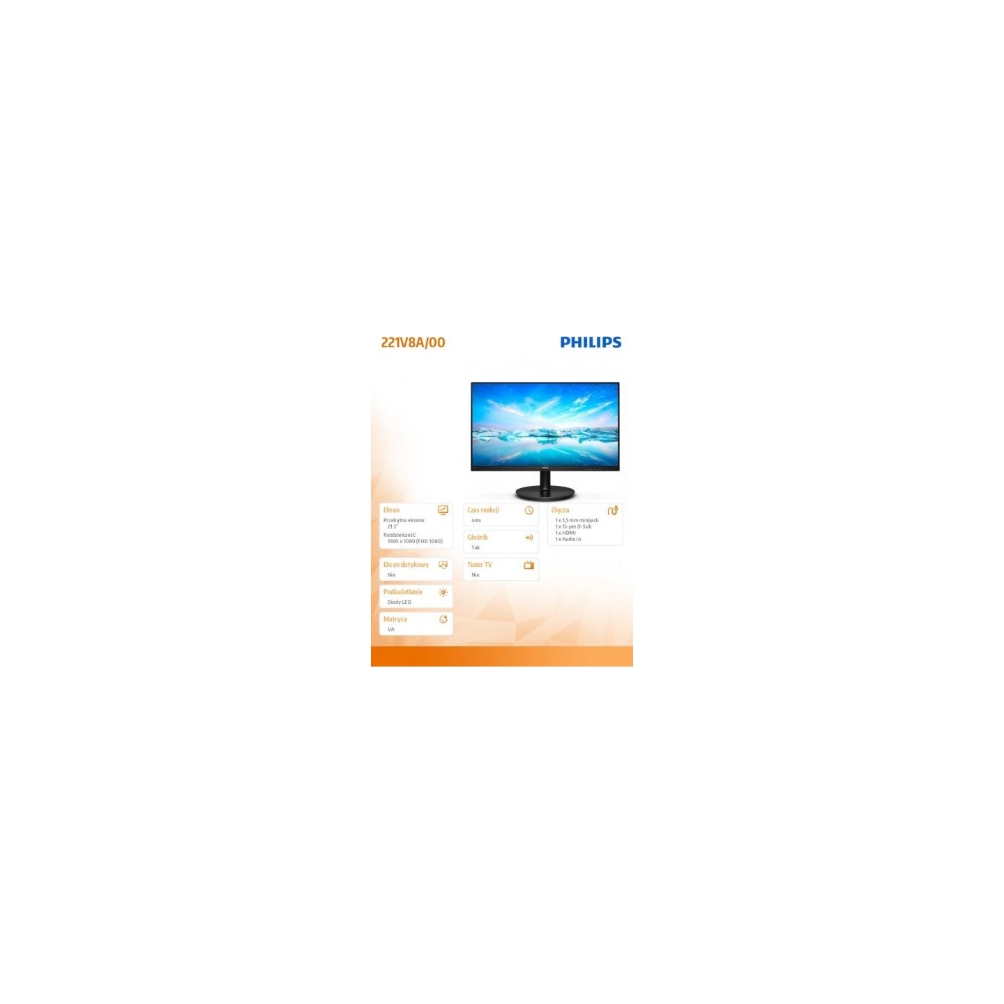 Philips Monitor 21.5 inches 221V8A VA HDMI Speakers