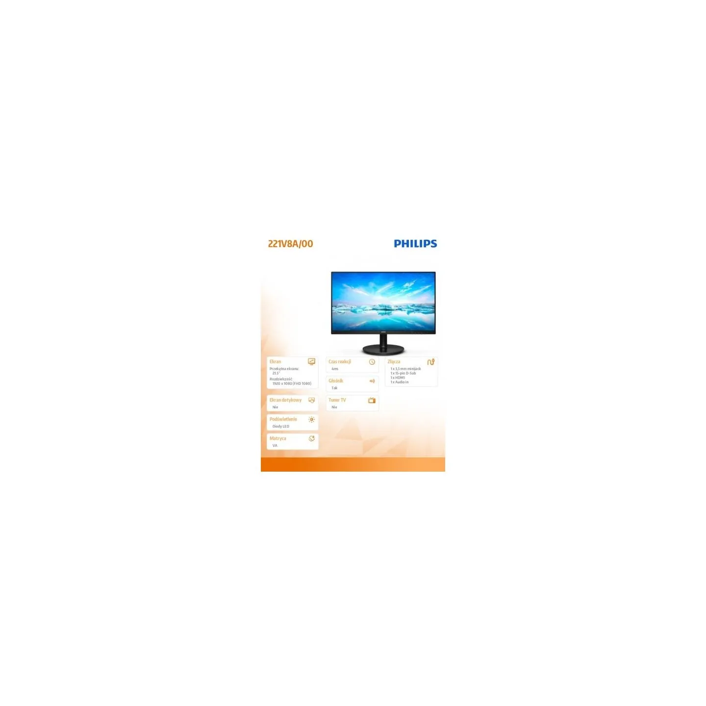 Philips Monitor 21.5 inches 221V8A VA HDMI Speakers