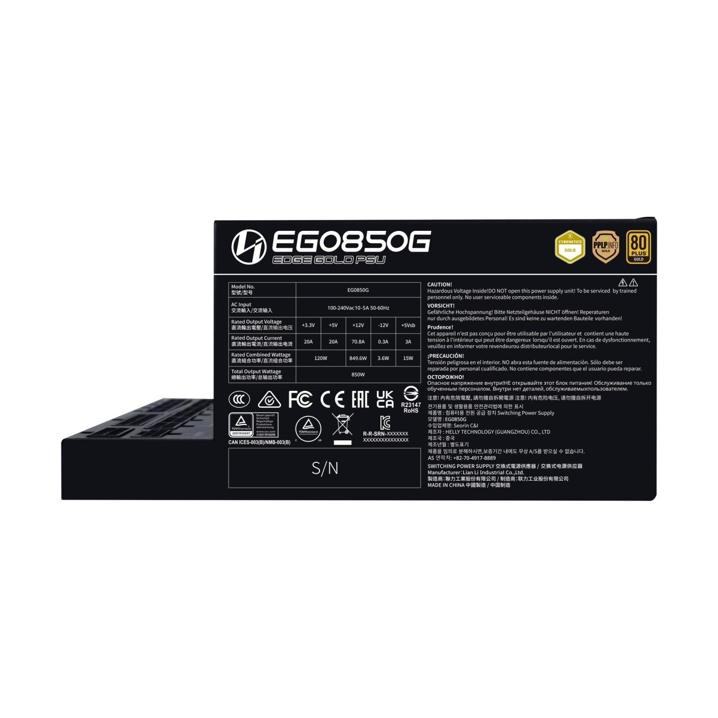 Lian Li Power Supply|LIAN LI|EDGE GOLD 850|850 Watts|Efficiency 80 PLUS GOLD|PFC Active|G9P.EG0850G.B000.EU