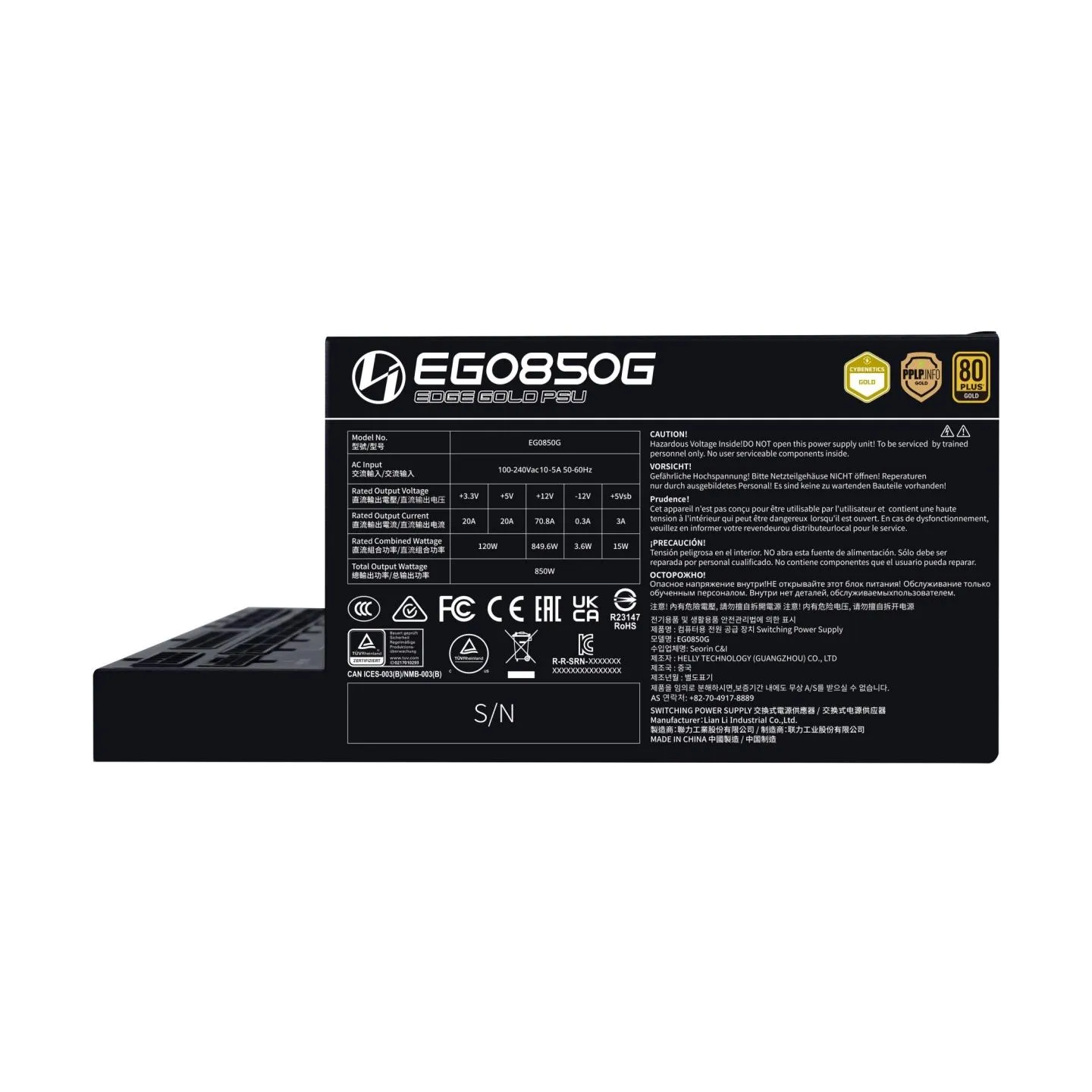 Lian Li Power Supply|LIAN LI|EDGE GOLD 850|850 Watts|Efficiency 80 PLUS GOLD|PFC Active|G9P.EG0850G.B000.EU