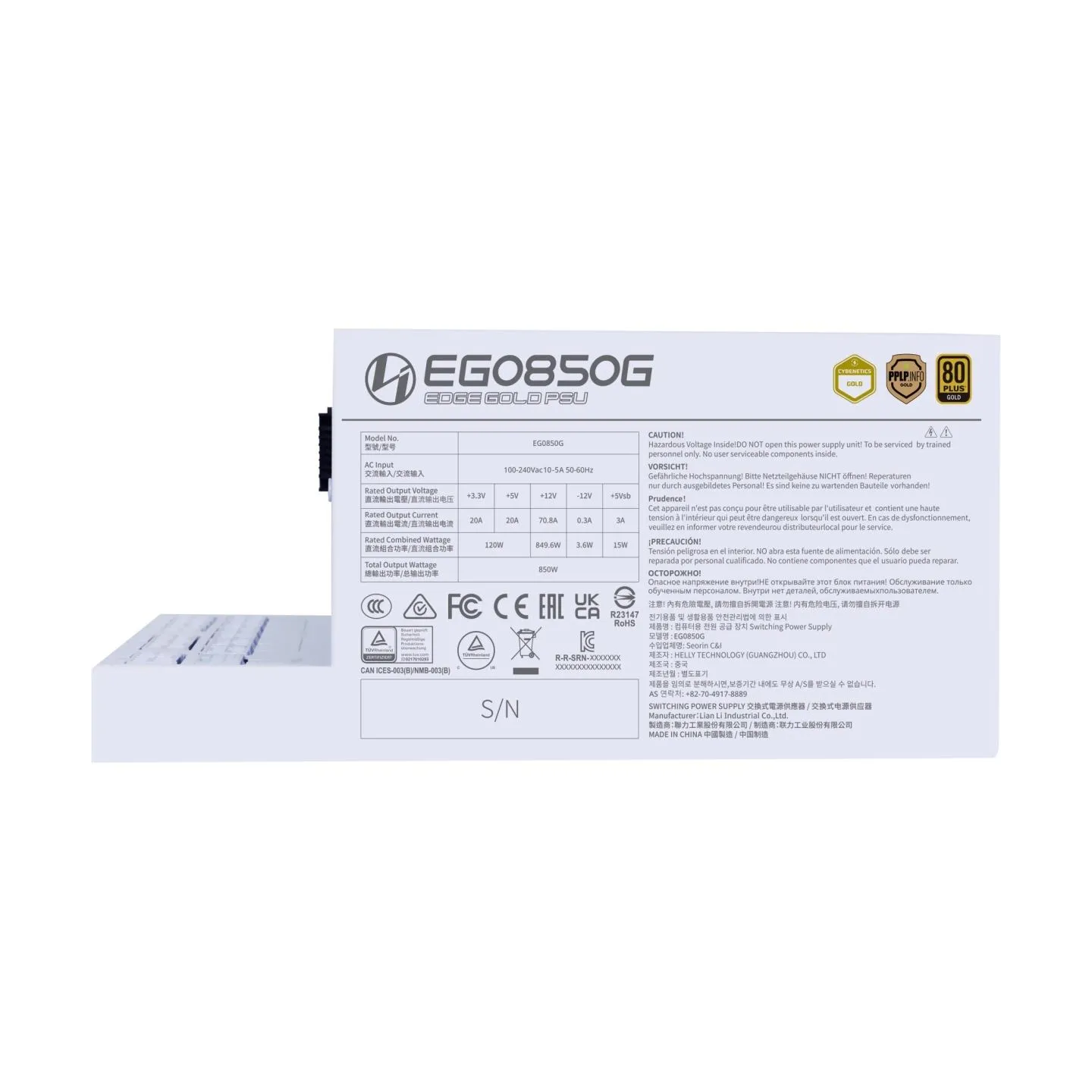 Lian Li Power Supply|LIAN LI|EDGE GOLD 850|850 Watts|Efficiency 80 PLUS GOLD|PFC Active|G9P.EG0850G.W000.EU