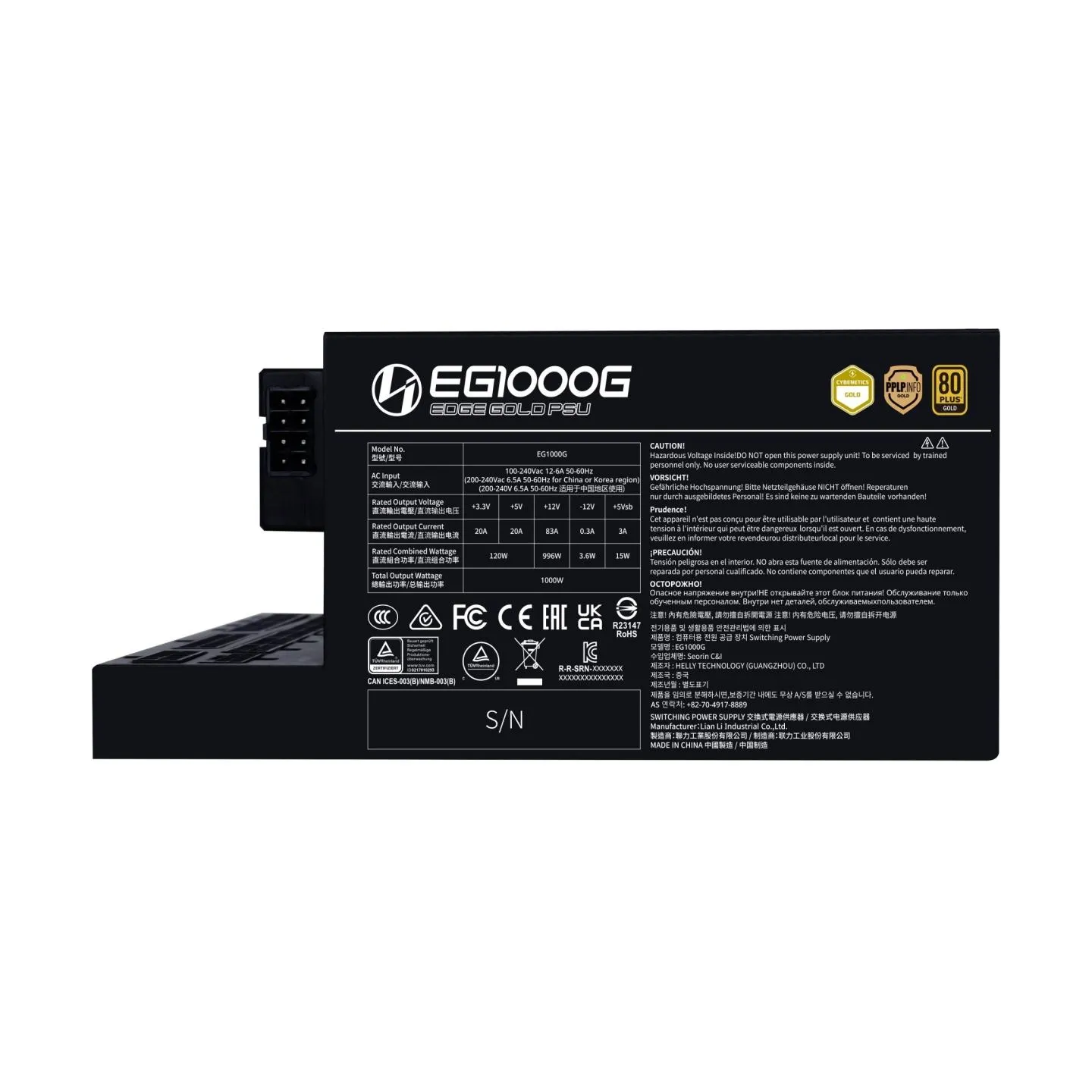 Lian Li Power Supply|LIAN LI|EDGE GOLD 1000|1000 Watts|Efficiency 80 PLUS GOLD|PFC Active|G9P.EG1000G.BH00.EU