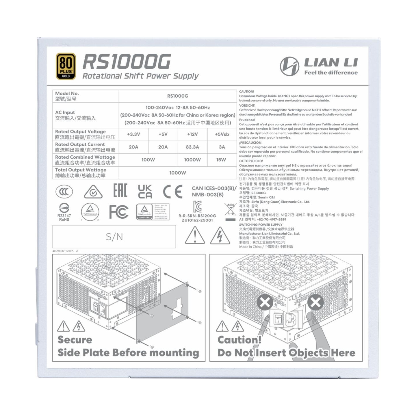 Lian Li Power Supply|LIAN LI|EDGE GOLD 1000|ATX|100 - 240 V|1000 W|G9P.RS1000G.WH00.EU