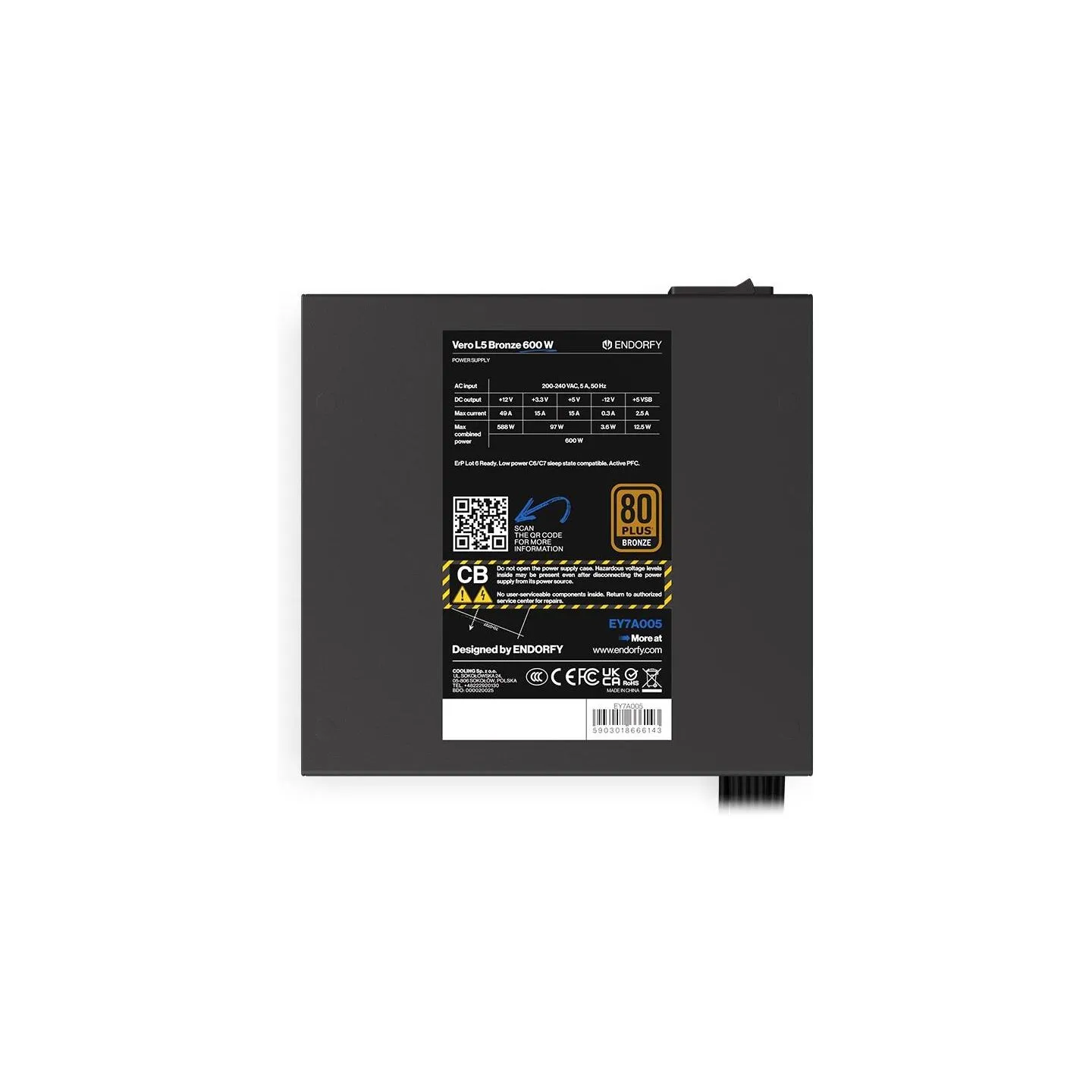 Endorfy Power Supply|ENDORFY|Vero L5 Bronze 600 W|600 Watts|Efficiency 80 PLUS BRONZE|MTBF 80000 hours|EY7A005