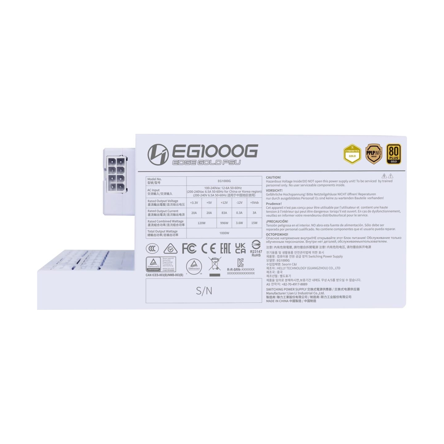 Lian Li Power Supply|LIAN LI|EDGE GOLD 1000|1000 Watts|Efficiency 80 PLUS GOLD|PFC Active|G9P.EG1000G.WH00.EU
