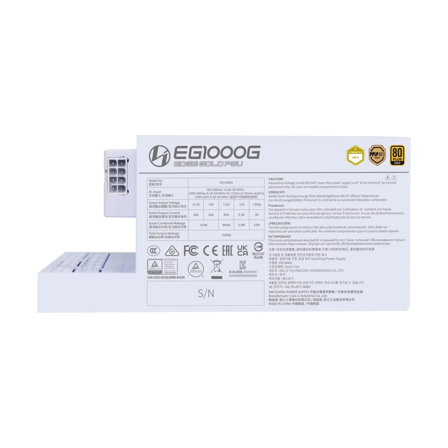 Lian Li Power Supply|LIAN LI|EDGE GOLD 1000|1000 Watts|Efficiency 80 PLUS GOLD|PFC Active|G9P.EG1000G.WH00.EU