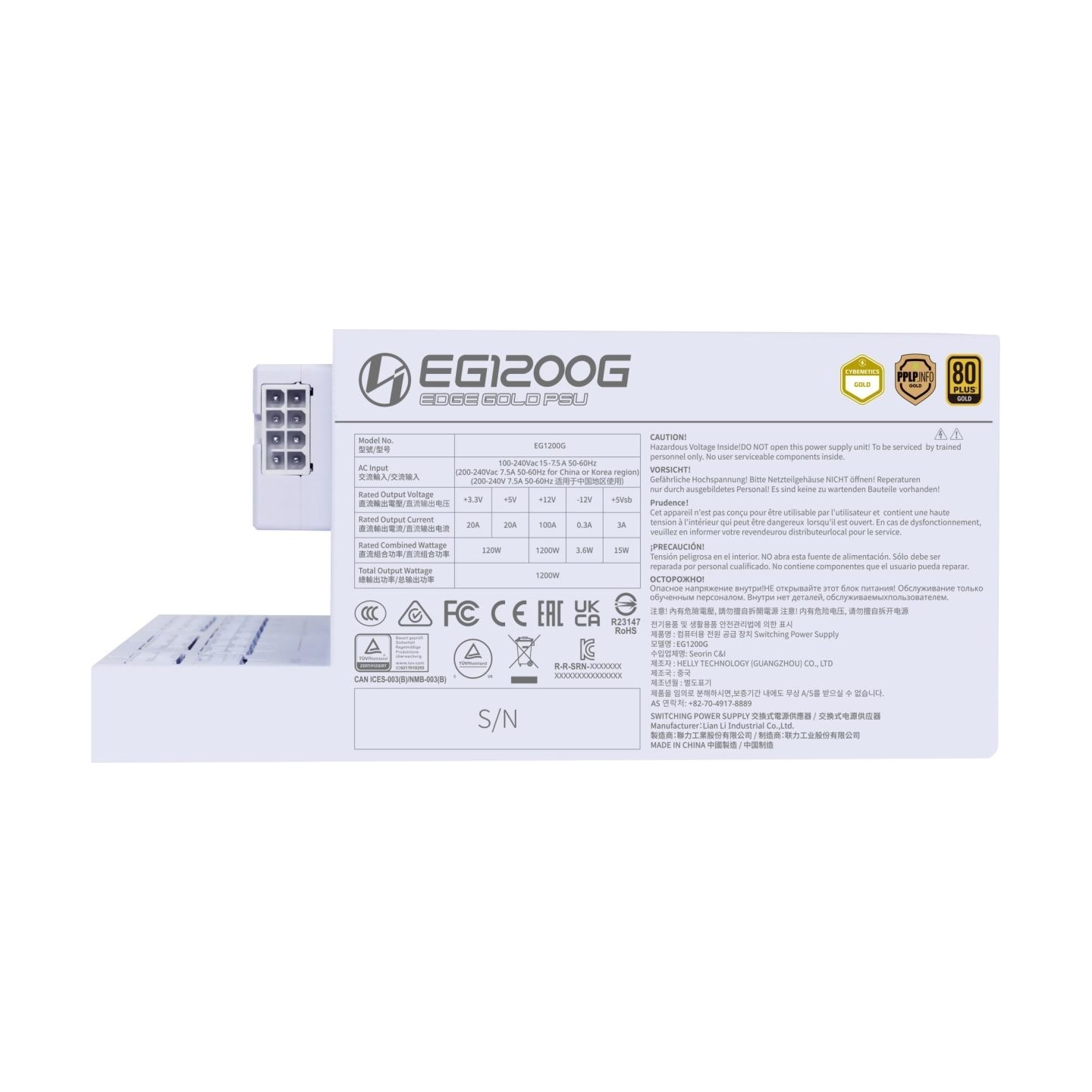 Lian Li Power Supply|LIAN LI|EDGE GOLD 1200|1200 Watts|Efficiency 80 PLUS GOLD|PFC Active|G9P.EG1200G.WH00.EU