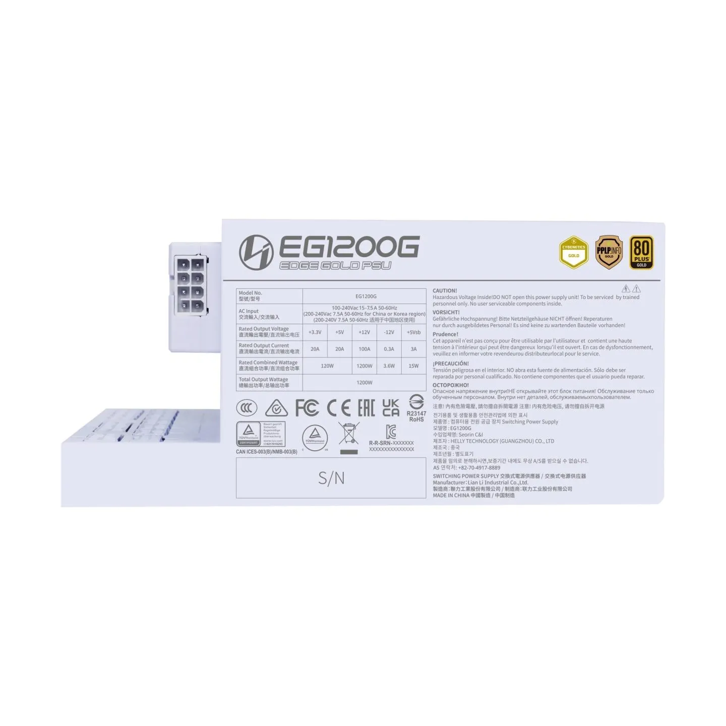 Lian Li Power Supply|LIAN LI|EDGE GOLD 1200|1200 Watts|Efficiency 80 PLUS GOLD|PFC Active|G9P.EG1200G.WH00.EU