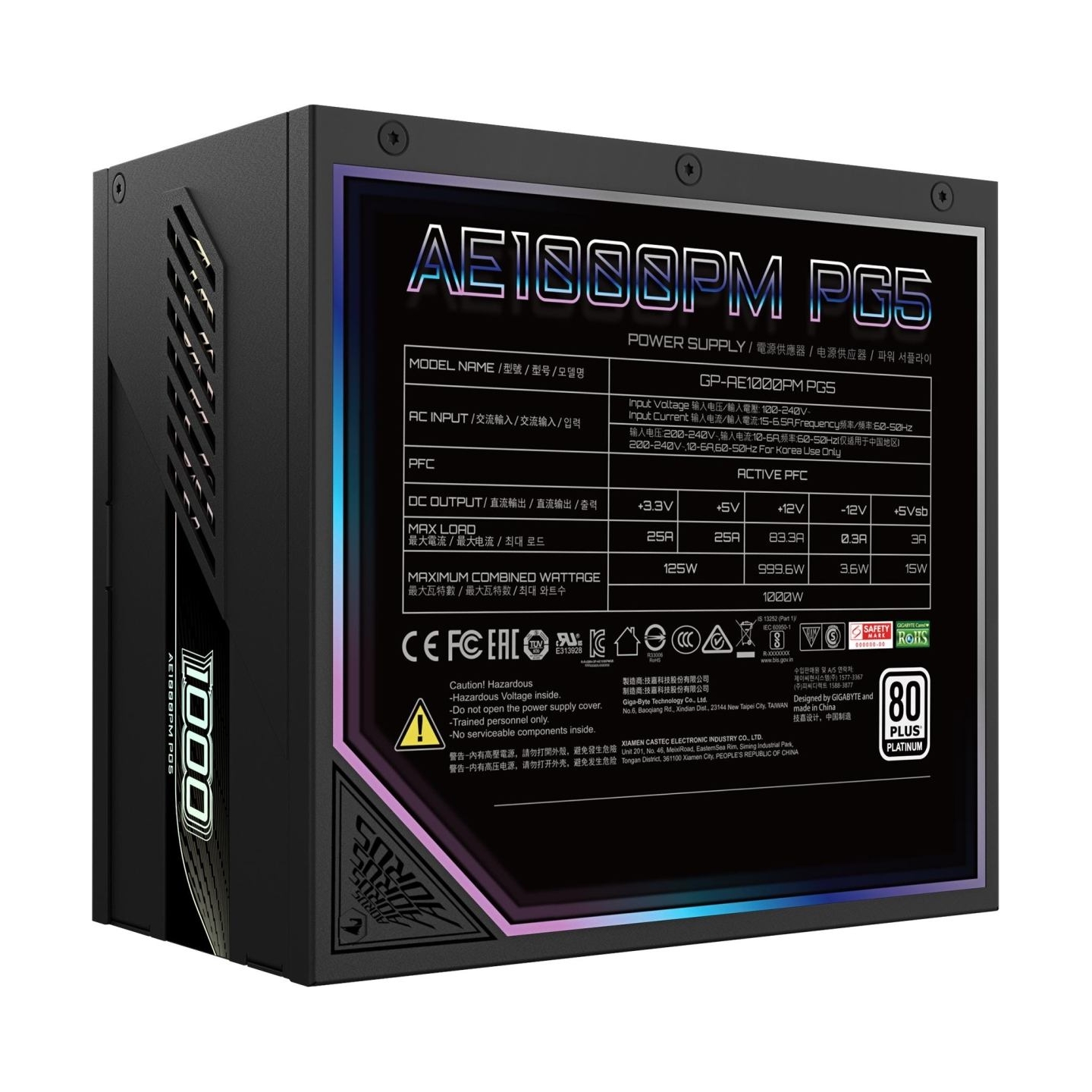 Gigabyte Power Supply|NZXT|GP-AE1000PM PG5|1000 Watts|Efficiency 80 PLUS PLATINIUM|PFC Active|MTBF 100000 hours|GP-AE1000PMPG5