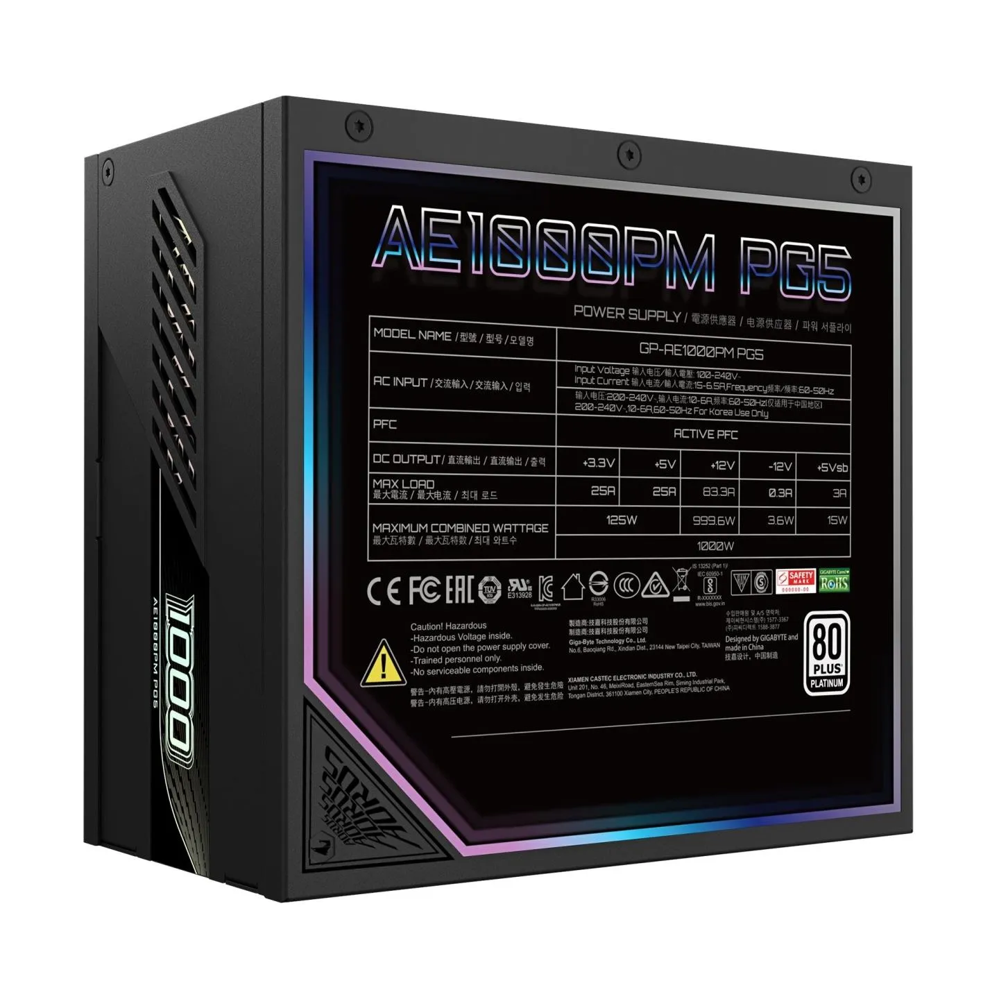 Gigabyte Power Supply|NZXT|GP-AE1000PM PG5|1000 Watts|Efficiency 80 PLUS PLATINIUM|PFC Active|MTBF 100000 hours|GP-AE1000PMPG5