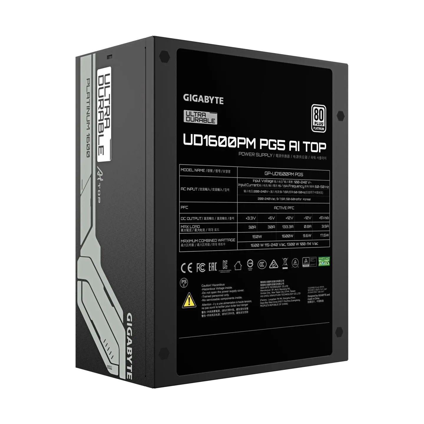Gigabyte Power Supply|GIGABYTE|GP-UD1600PM PG5|1600 Watts|Efficiency 80 PLUS PLATINIUM|PFC Active|GP-UD1600PMPG5