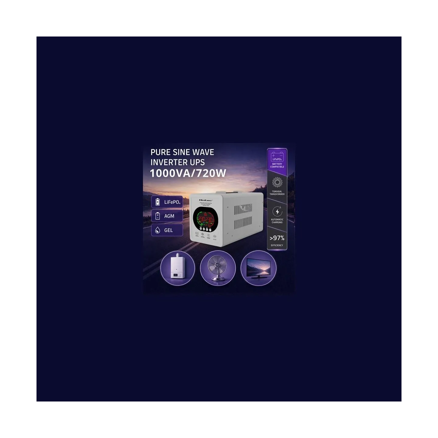 Qoltec Pure Sine Wave UPS 1000VA 720W AVR LCD