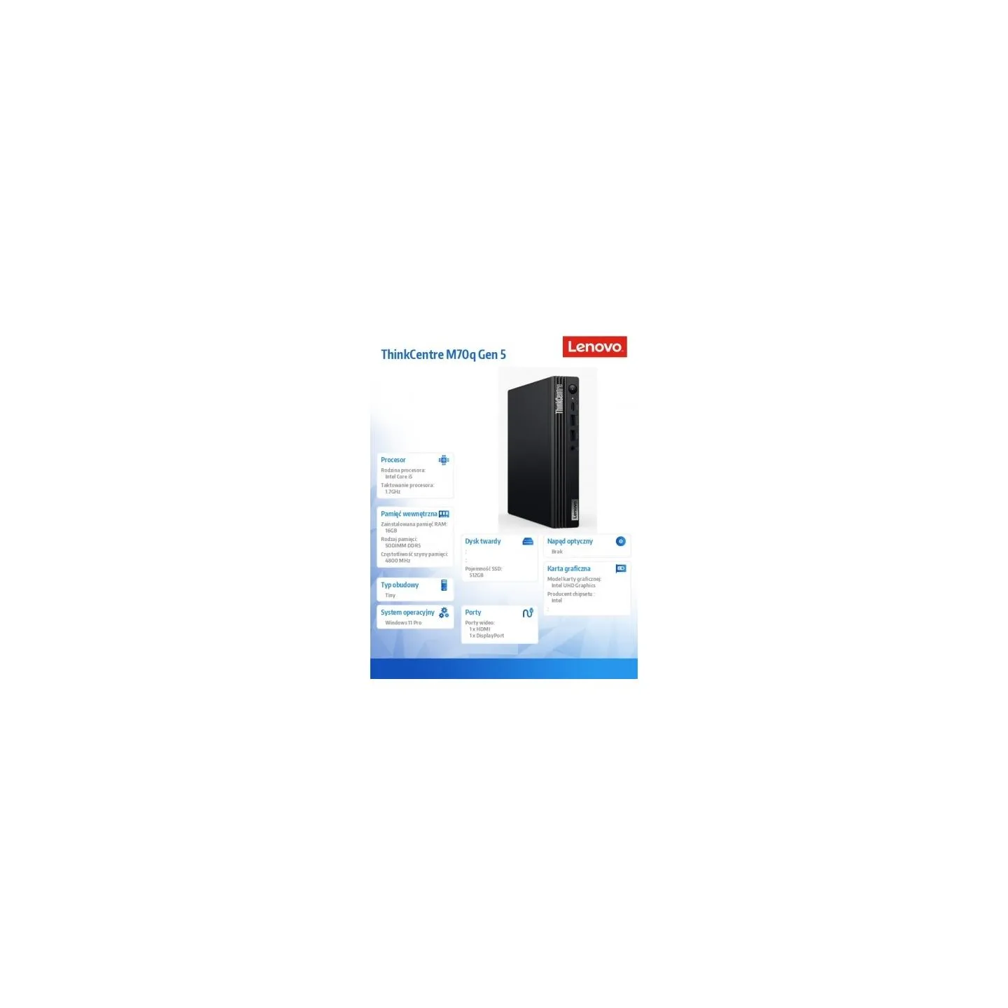 Lenovo Computer ThinkCentre M70q Tiny G5 12TD000FPB W11Pro i5-14500T/16GB/512GB/INT/vPro/1YR Premier Support + 3YRS OS