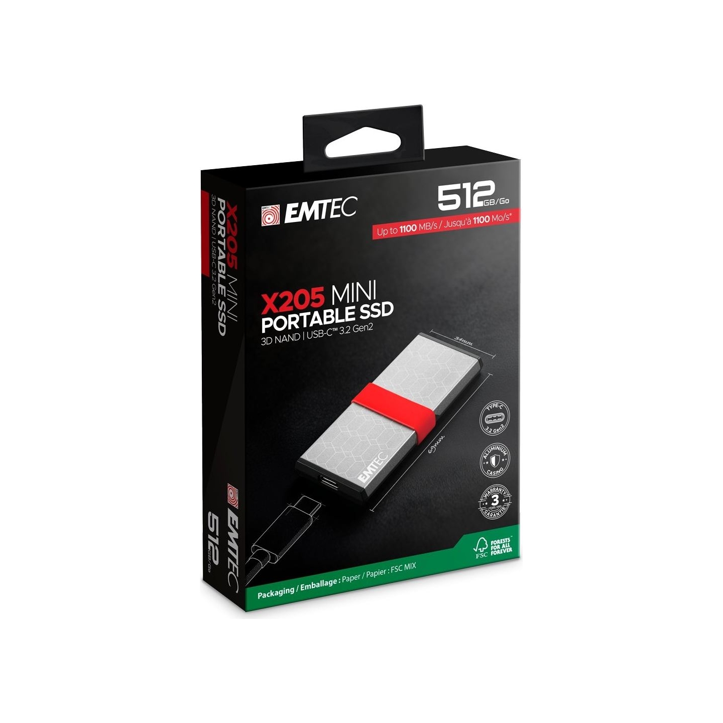 Emtec SSD 3D NAND/USB-C 3.2Gen2 X205 512GB Mini Portable SSD