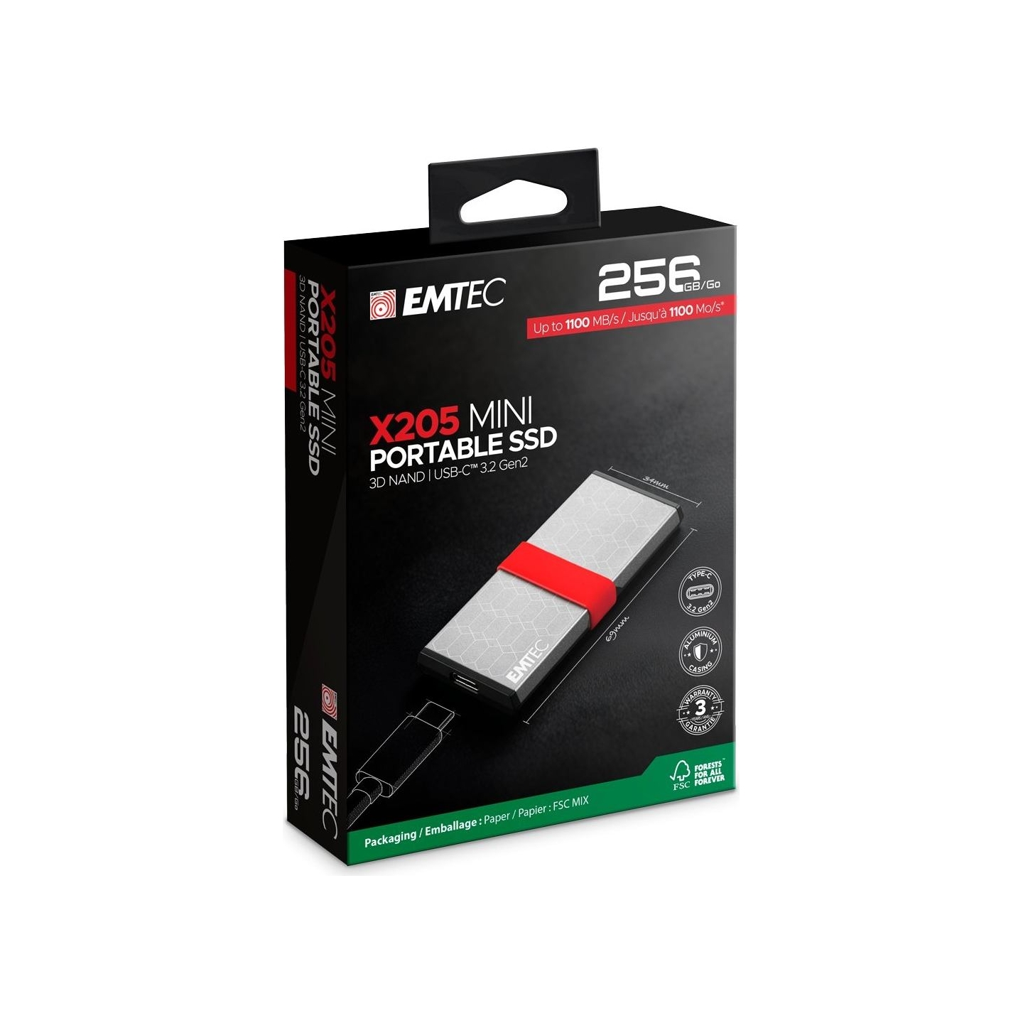 Emtec SSD 3D NAND/USB-C 3.2Gen2 X205 256GB Mini Portable SSD