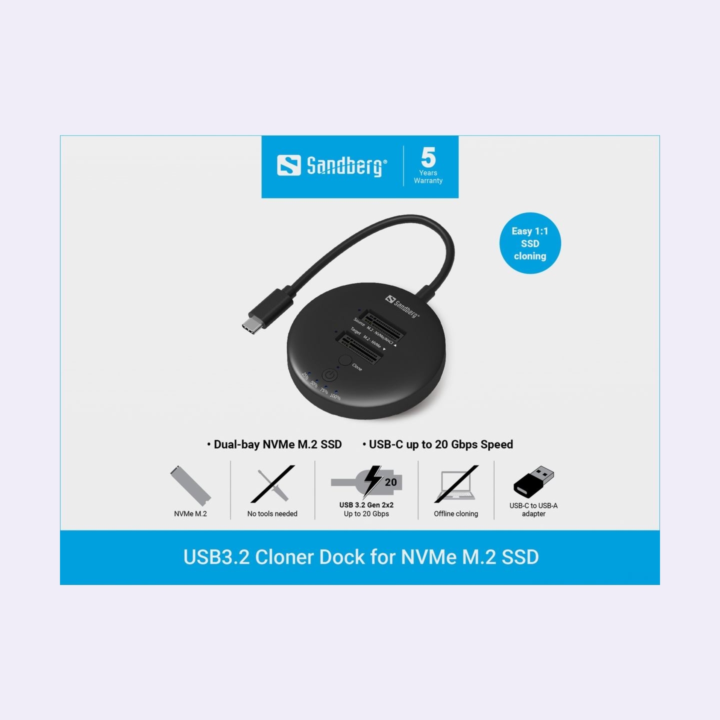 Sandberg 136-72 USB 3,2 Cloner Dock for NVMe M.2 SSD