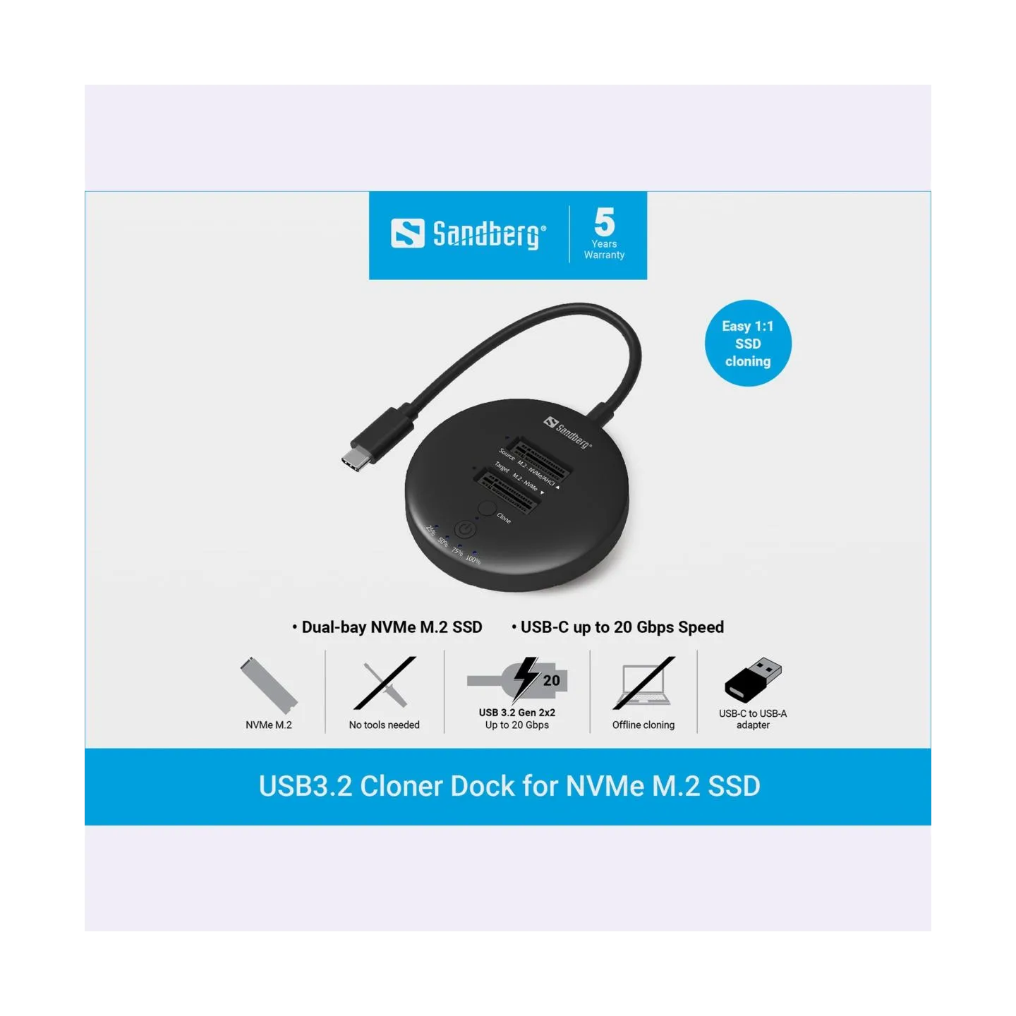 Sandberg 136-72 USB 3,2 Cloner Dock for NVMe M.2 SSD