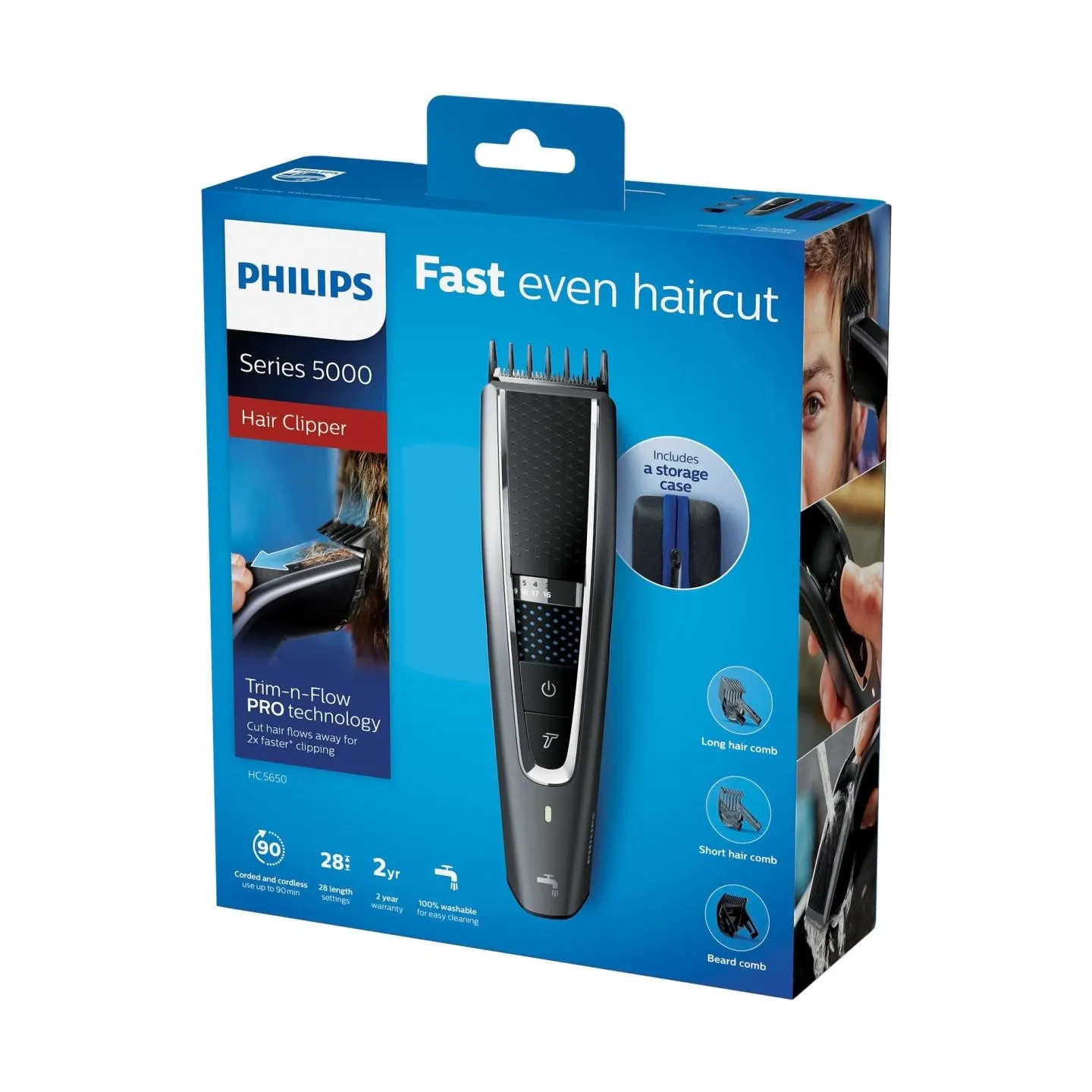 Philips Hairclipper series 5000 Washable hair clipper HC5650/15 Trim-n-Flow PRO technology 28 length settings (0.5-28mm) 90 min 