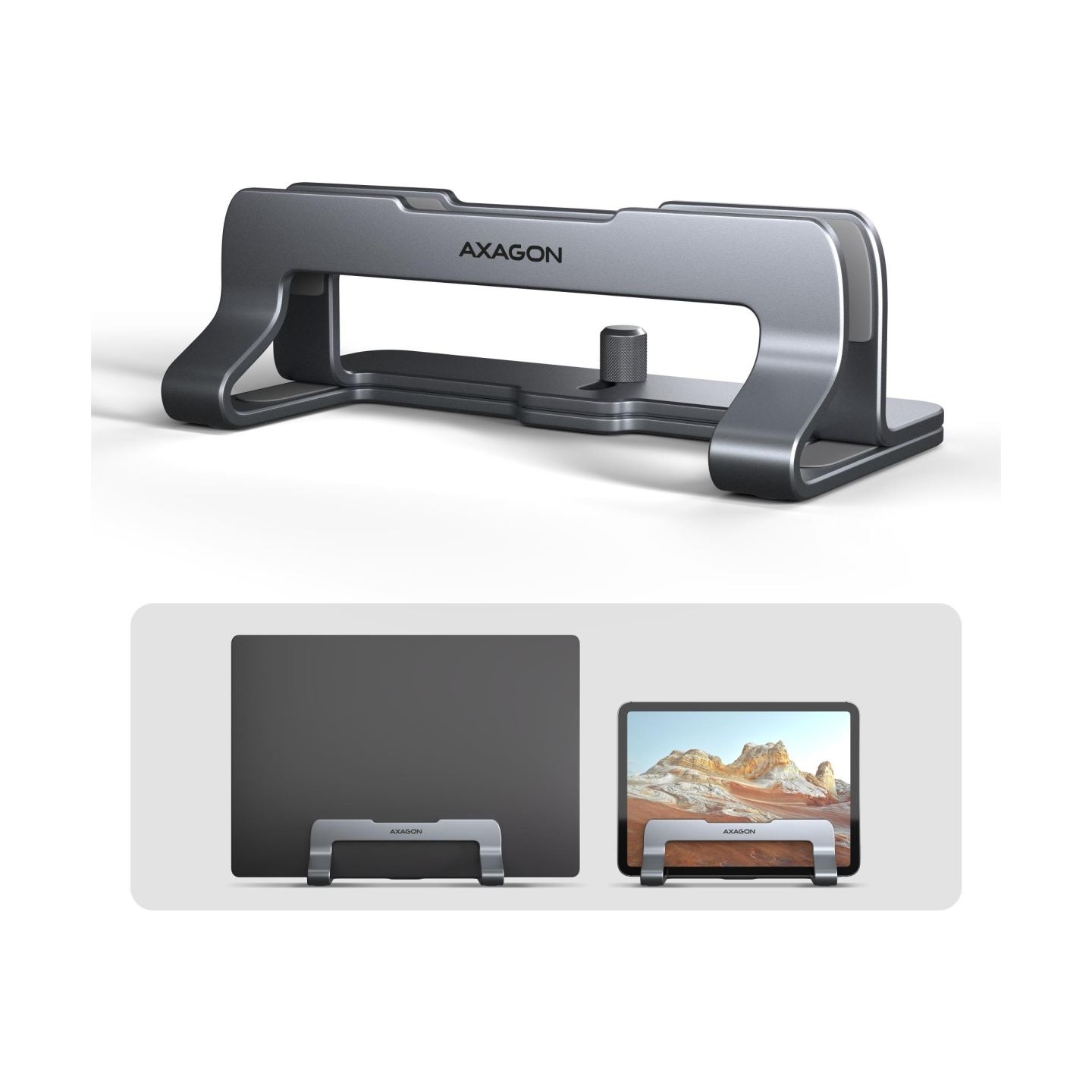 Axagon STND-VG vertical stand for laptops and tablets. Aluminum stand for vertical insertion of laptops sized 10-17.3. Adjustabl