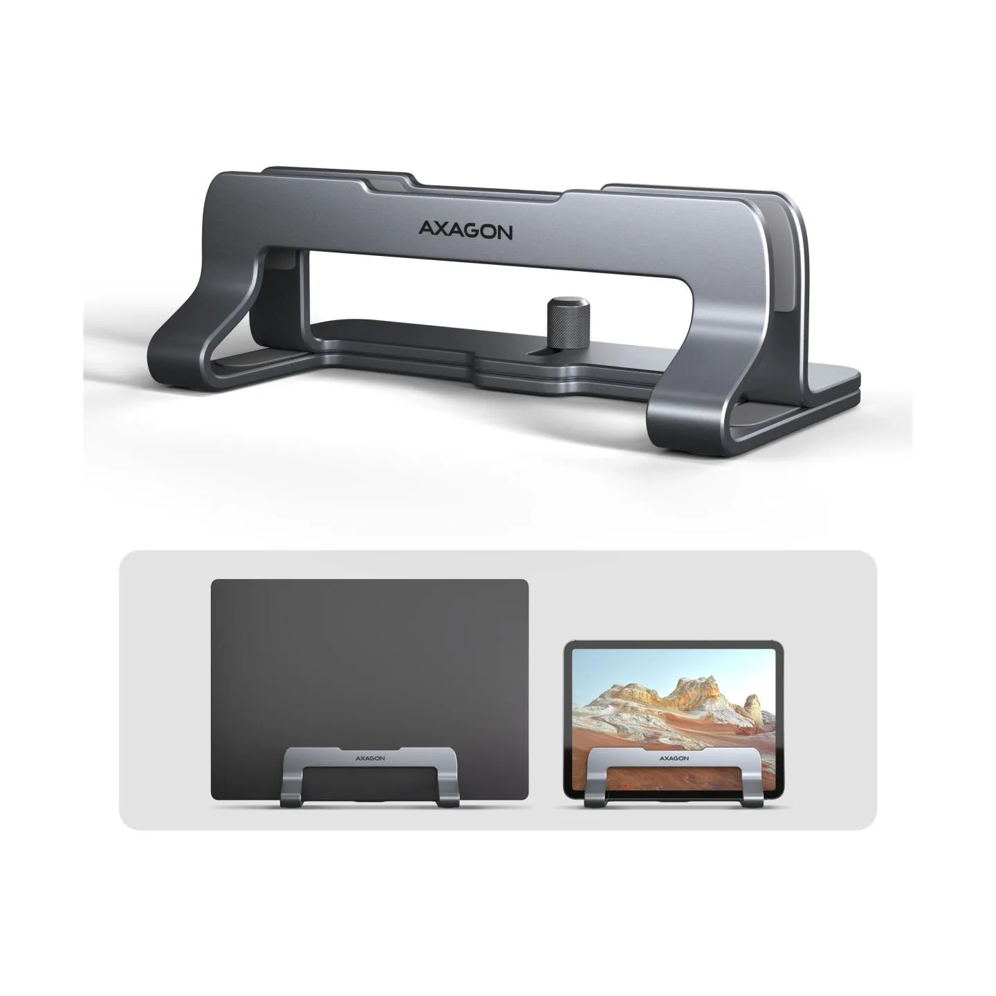 Axagon STND-VG vertical stand for laptops and tablets. Aluminum stand for vertical insertion of laptops sized 10-17.3. Adjustabl