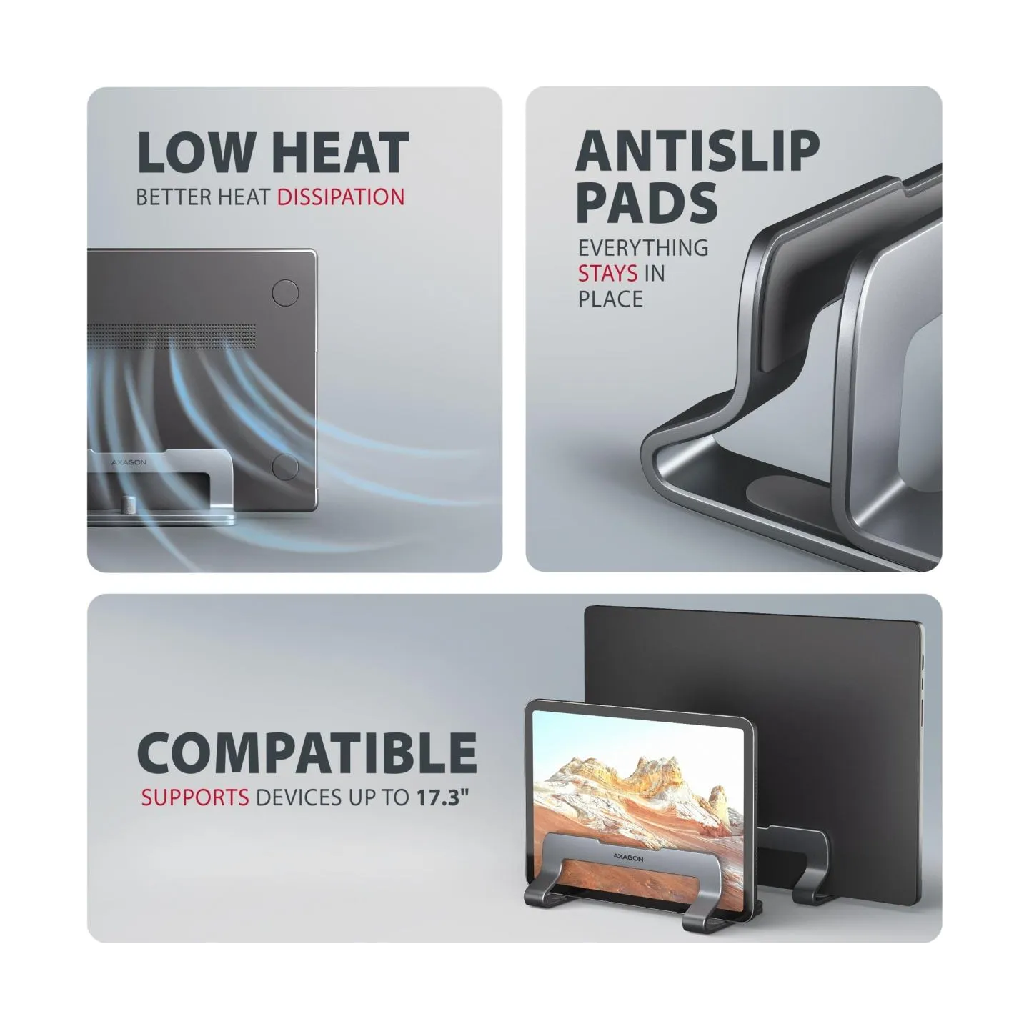 Axagon STND-VG vertical stand for laptops and tablets. Aluminum stand for vertical insertion of laptops sized 10-17.3. Adjustabl