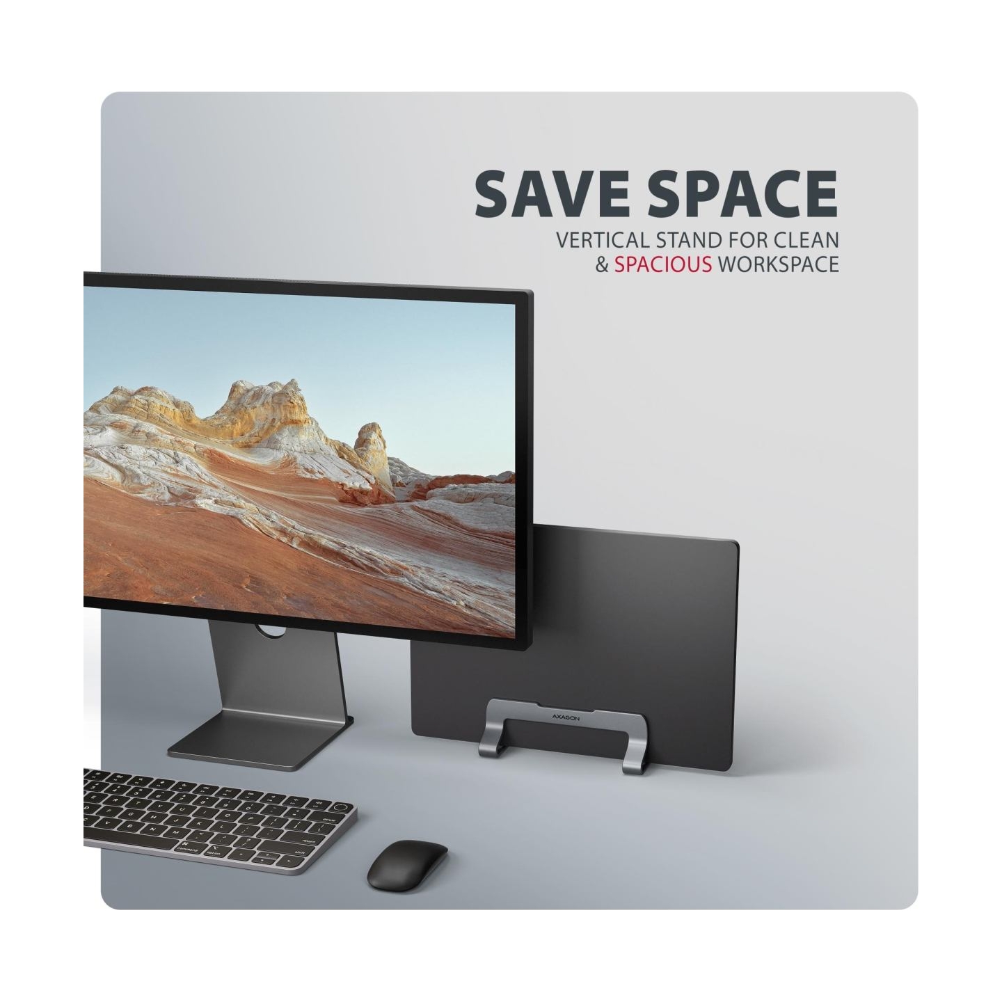 Axagon STND-VG vertical stand for laptops and tablets. Aluminum stand for vertical insertion of laptops sized 10-17.3. Adjustabl